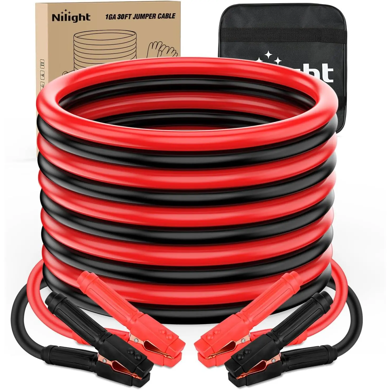 Nilight Heavy-Duty Jumper Cable - 1 Gauge 30ft Automotive Tool, 900A Peak CCA High-Power Tangle-Free Car Jump Starter, PVC Insulated Jacket, PVC Clamps with Spring-Grip Teeth, Storage Bag, Gloves for Car, Pickup Truck Battery Repair