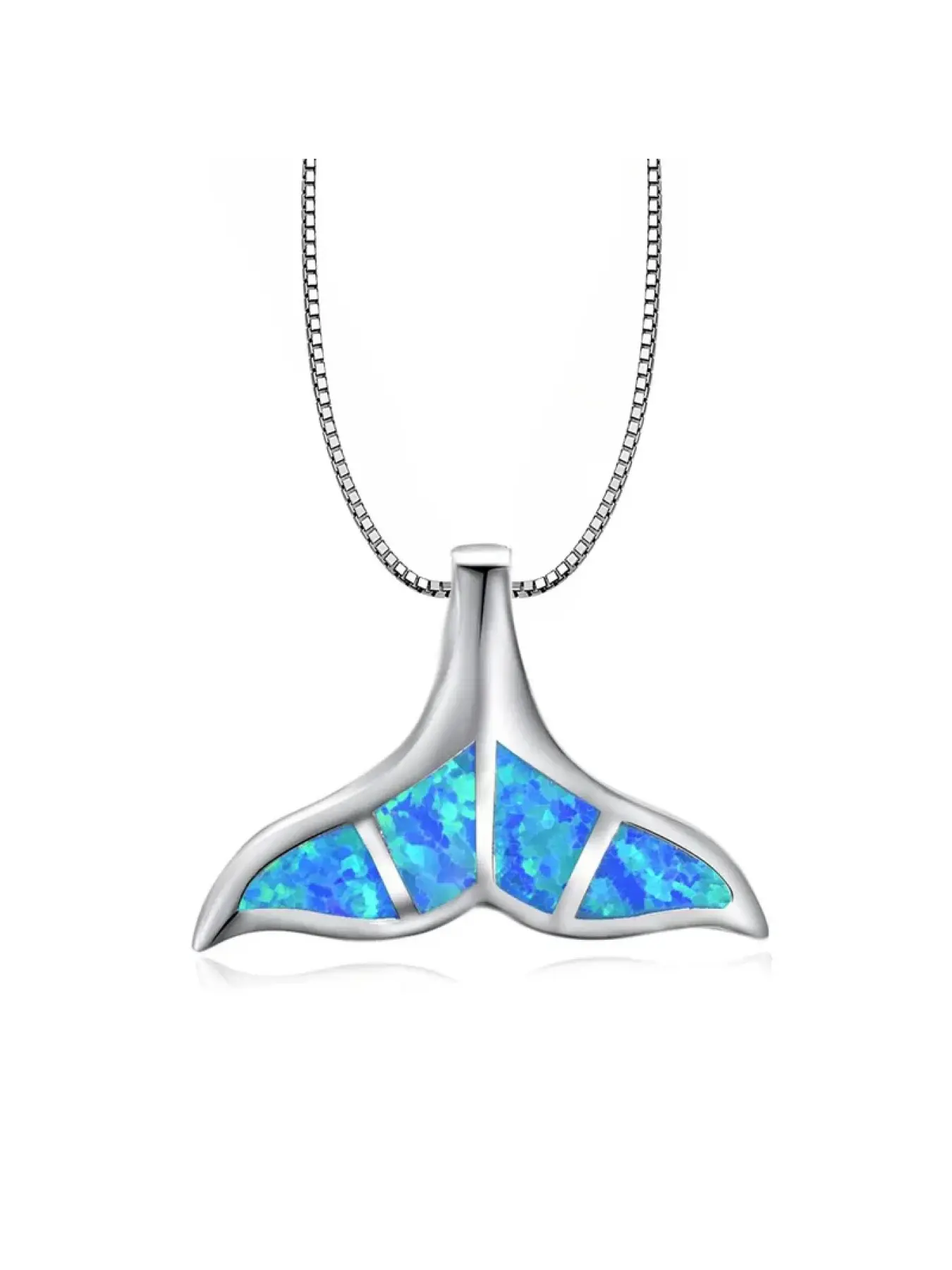 Whale Tail Boho Pendant Necklace with Blue Synthetic Opal, Decorative Necklace, Dainty Silver Color Ocean Jewelry for Women, Elegant Christma Gift for Her