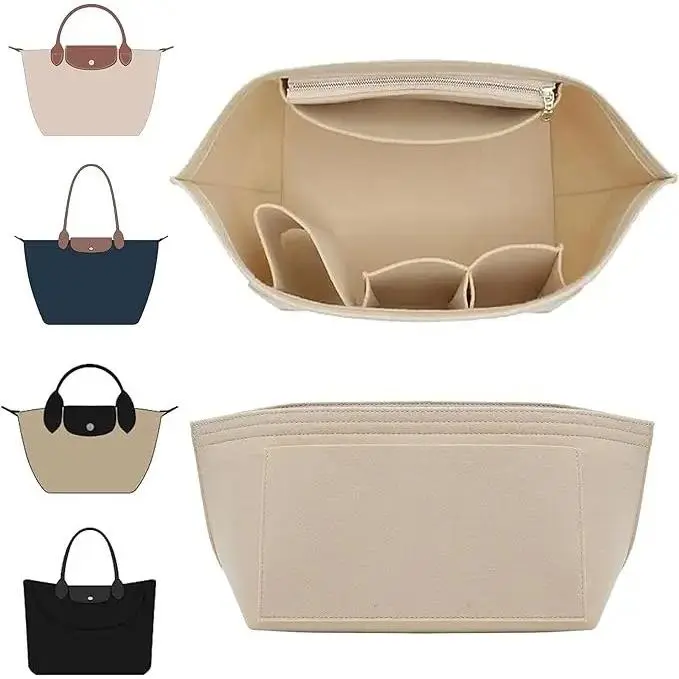Minimalist Felt Rectangle Tote Organizer Insert for Large Handbags - Contoured Fit, 8 Pockets, Zippered Inner Pouch, Cup Holder, Lightweight Organizer, Portable Work & Camping Accessory, Unisex Soft Divider
