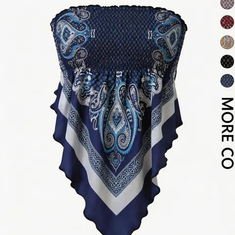 Bohemian Style Vibrant Blue Ethnic Paisley Print Fitted Sleeveless Asymmetrical Hem Tube Top, Polyester Spandex Blend, Casual Sleeveless Top, Perfect for Vacation