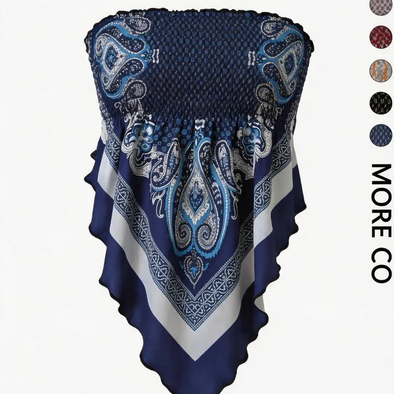 Bohemian Style Vibrant Blue Ethnic Paisley Print Fitted Sleeveless Asymmetrical Hem Tube Top, Polyester Spandex Blend, Casual Sleeveless Top, Perfect for Vacation