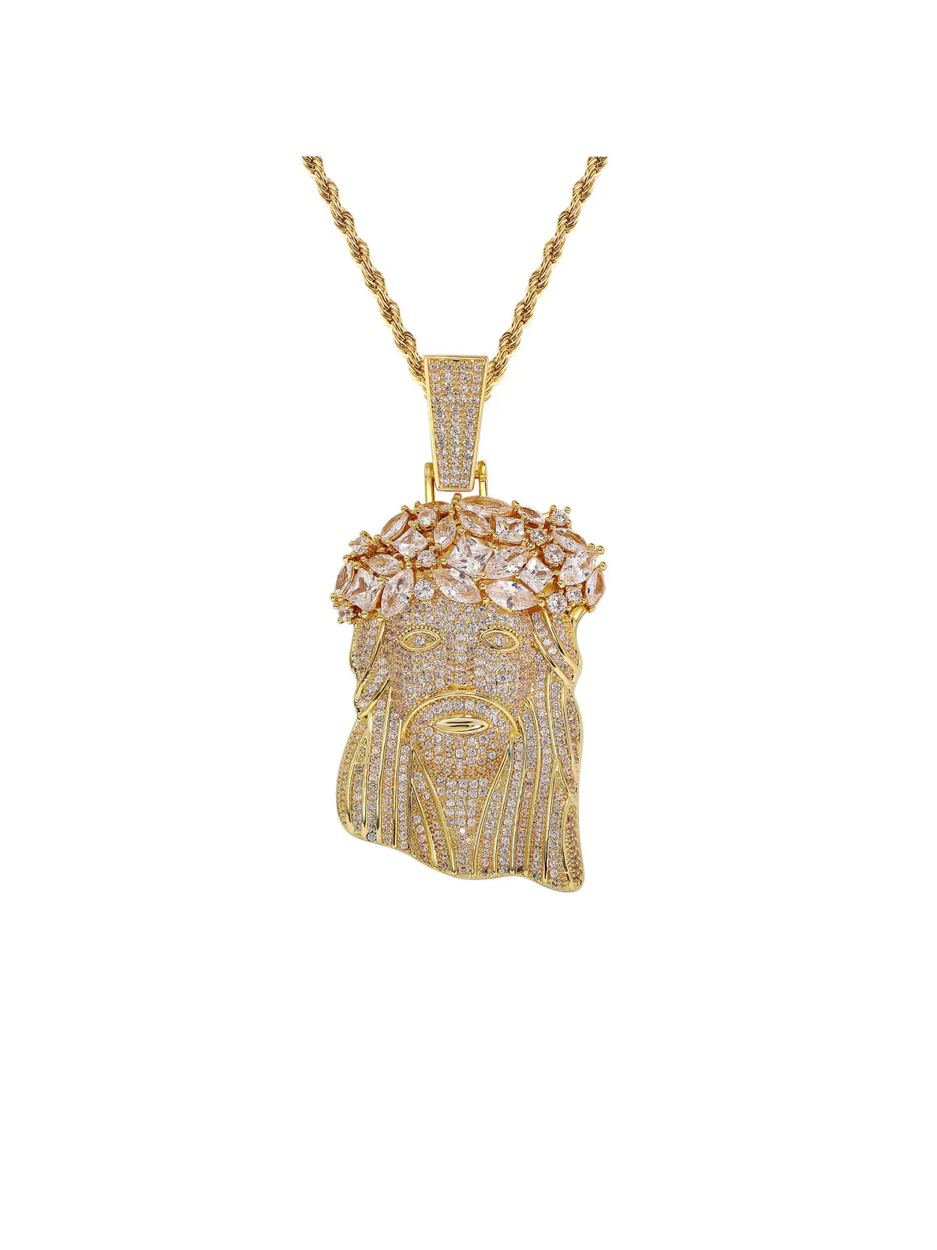 Iced Out Jesus Piece Pendant Fashion Necklace for Men, 18K Gold Plated Full CZ Diamond Hip Hop Chain with Rope Chain, Bling Rapper Jewelry Gift for Him
