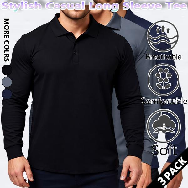 Men's Fitness All-Season Comfortable T-Shirt, Versatile Long-Sleeve Polo Shirt, Lapel Collar, Casual, Elastic, Solid Color, Slim Fit, Wrinkle-Free, Breathable, Figure-Flattering