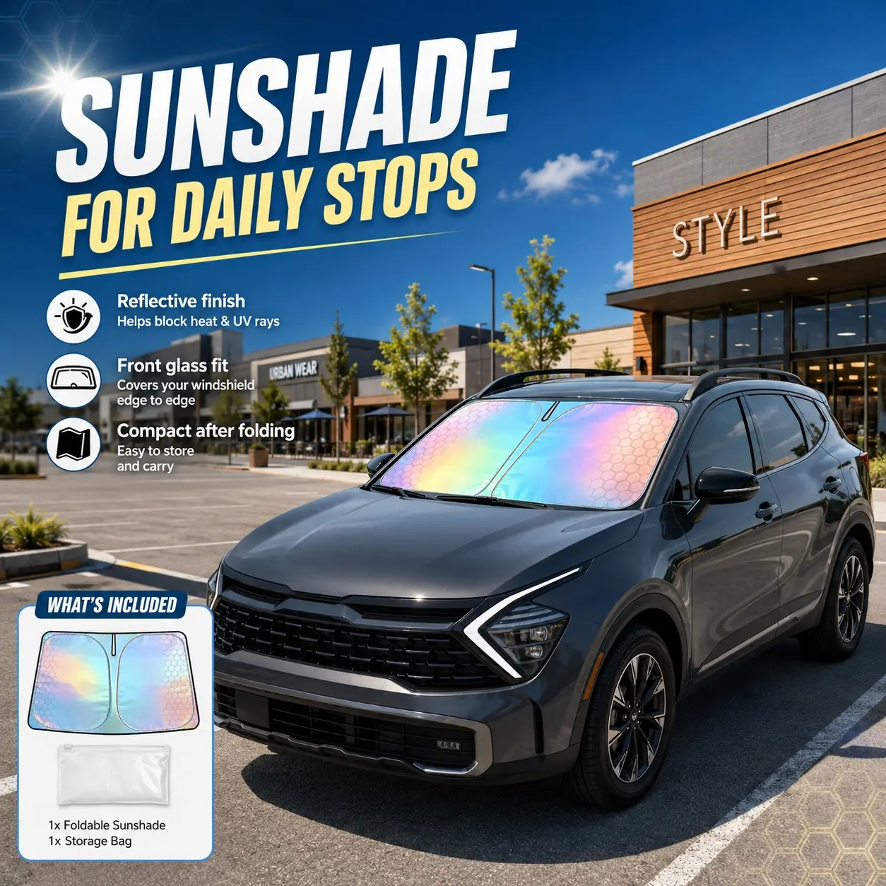 Car Windshield Sun Shade for Kia Sportage, Foldable Reflective Front Glass Cover with Mirror Notch, Helps Reduce Cabin Heat and Sun Glare, Protects Dashboard, Screen and Seats, Compact Storage Bag Included