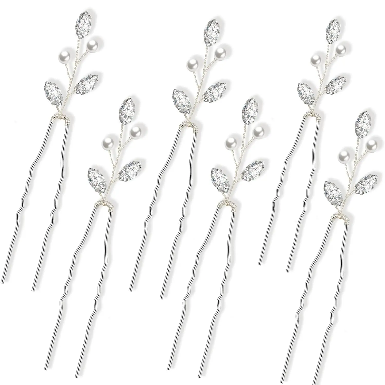 Bridal Updo Hair Pins - 6-Piece Silver U-Shape, Crystal Pearls, Rhinestone Leaf Branch Design Formal Event Headpieces for Weddings, Proms (Festive & Party Supplies), Formal Events