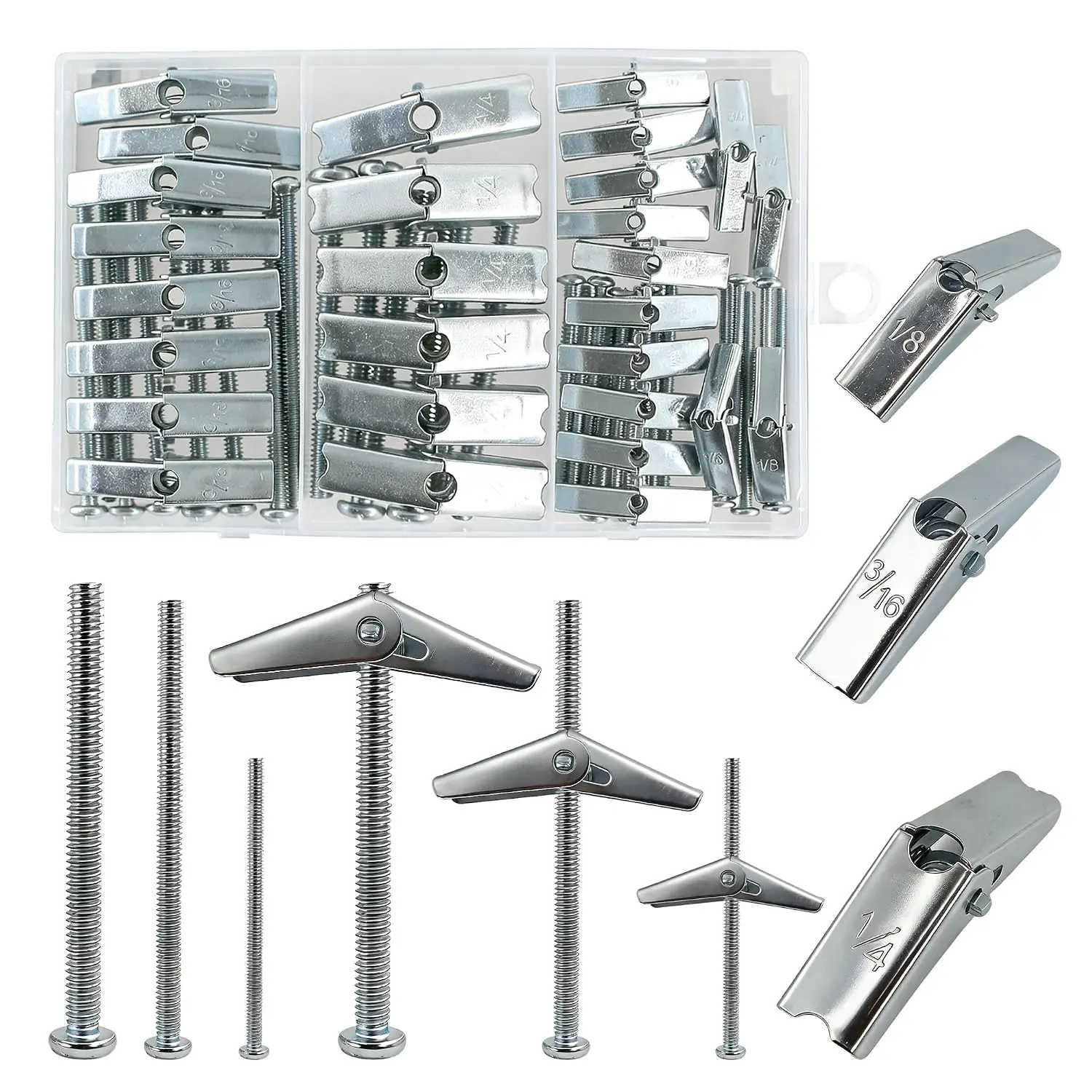 28 Sets 3 Sizes Hollow Wall Anchors Kit Butterfly Toggle  Screws | Carbon steel zinc-plated rustproof 3 sizes(1/8 3/16 1/4) with portable storage box for drywall gypsum butterfly wing design