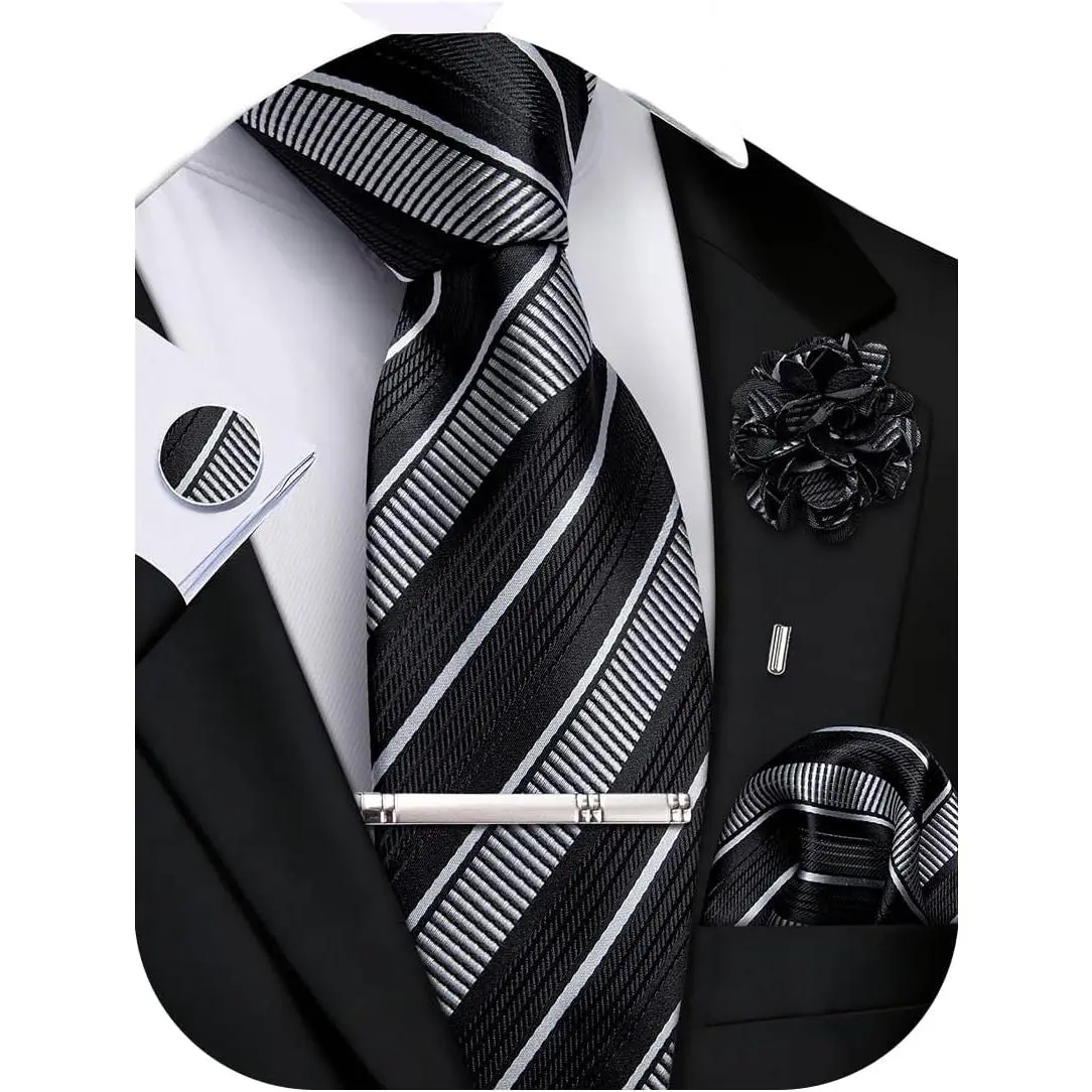 Male Classic Cut Silk Tie Set - Striped Formal Necktie, Pocket Square, Cufflinks, Lapel Clip, Formal Wear Options (Black & Bright Red, Yellow & Blue, Black & Gold) for Business, Wedding