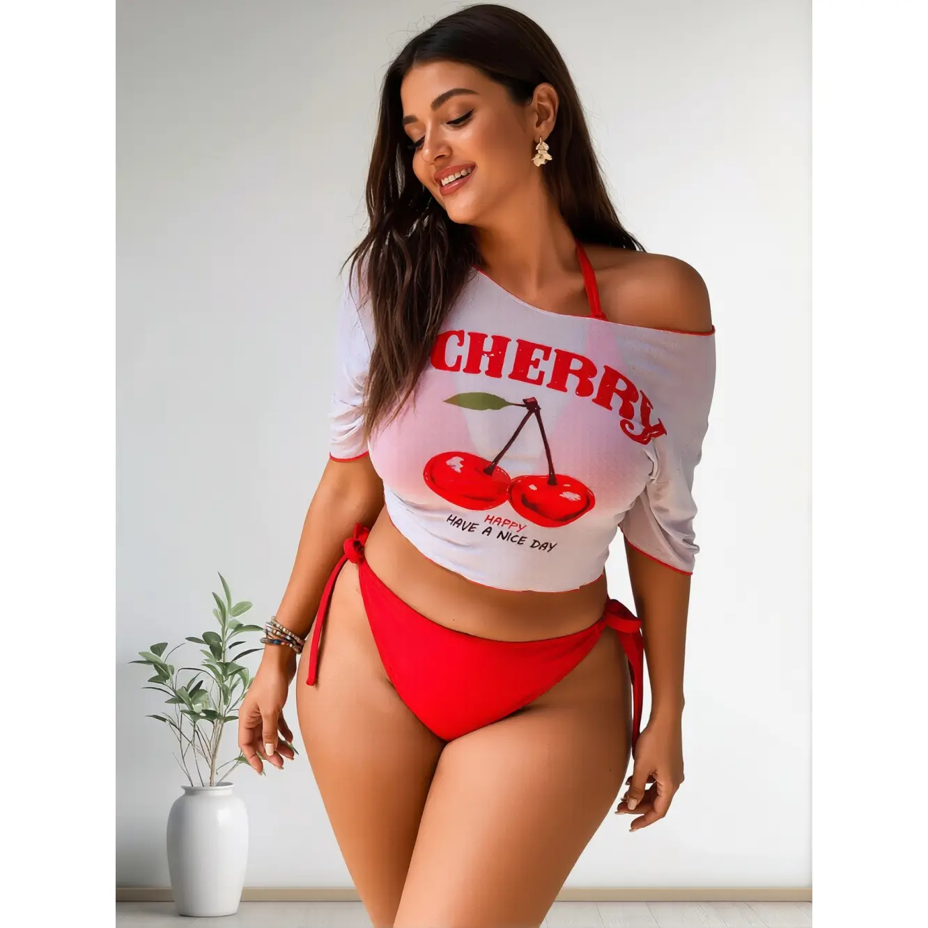 Women's Plus-Size 3-Piece Cherry-Print Bikini Set with Mesh Short-Sleeve Swim Cover-Up