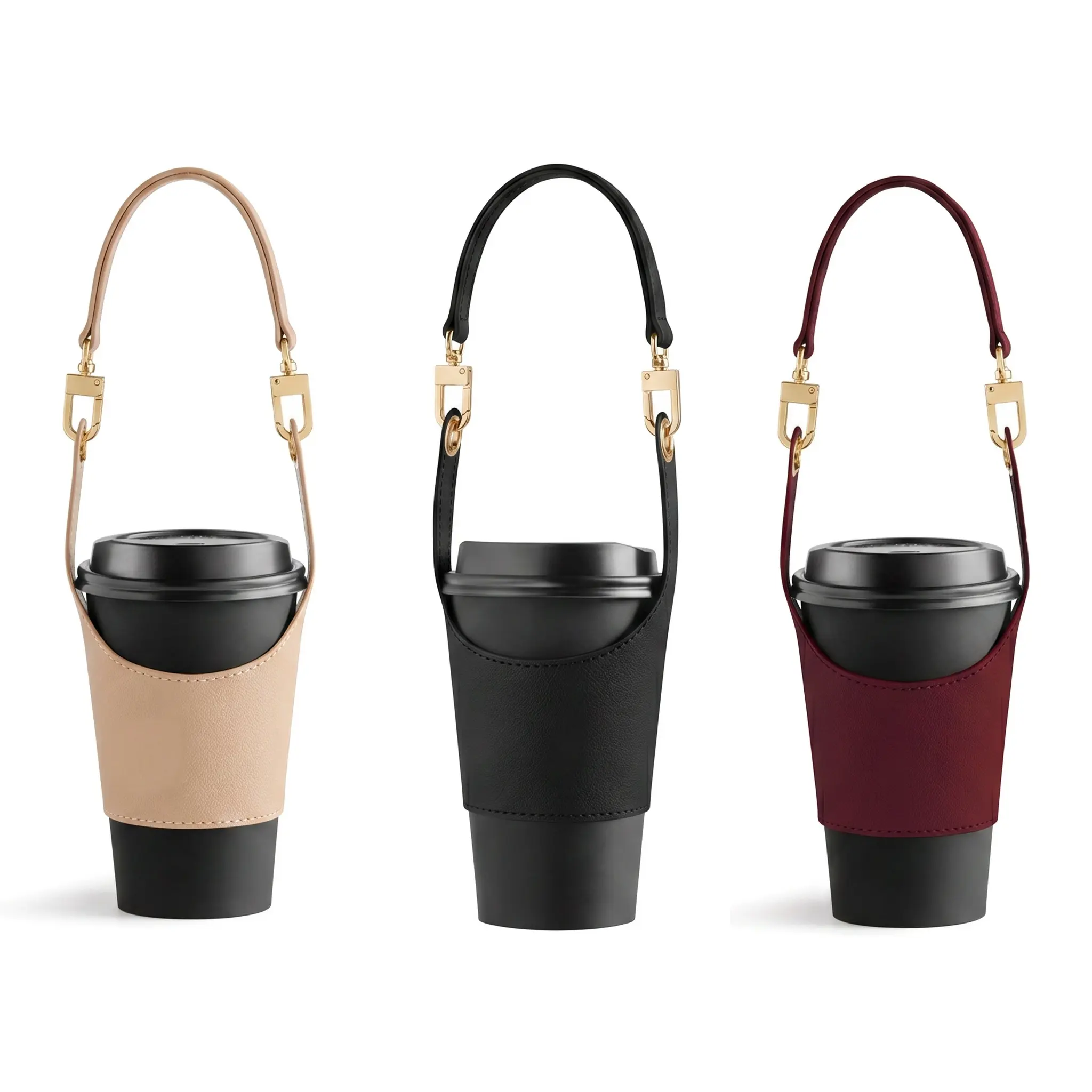 Cozy Insulated Cup Sleeve For Iced Coffee Tea Hot Drinks Adjustable Velcro PU Leather Hand Carry Bag Premium Thermal Tumbler Holder Travel Essential