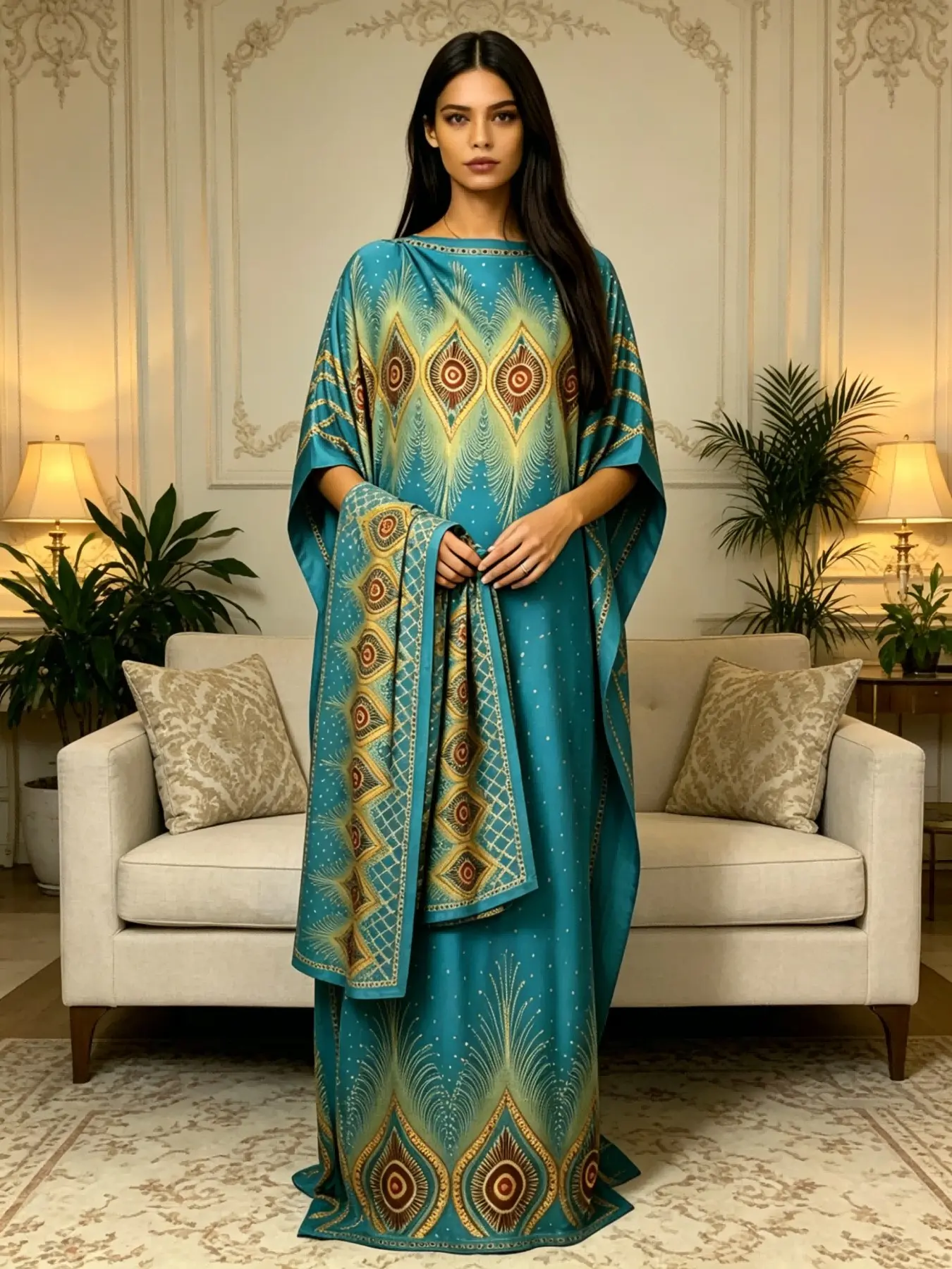 Women's Kaftan Two-Piece Set, Lake Blue Peacock Feather Print, Loose-Fit Home Wear, Kaftan Dresses, Beach Kaftans, Beach & Vacation, Includes Matching Headscarf