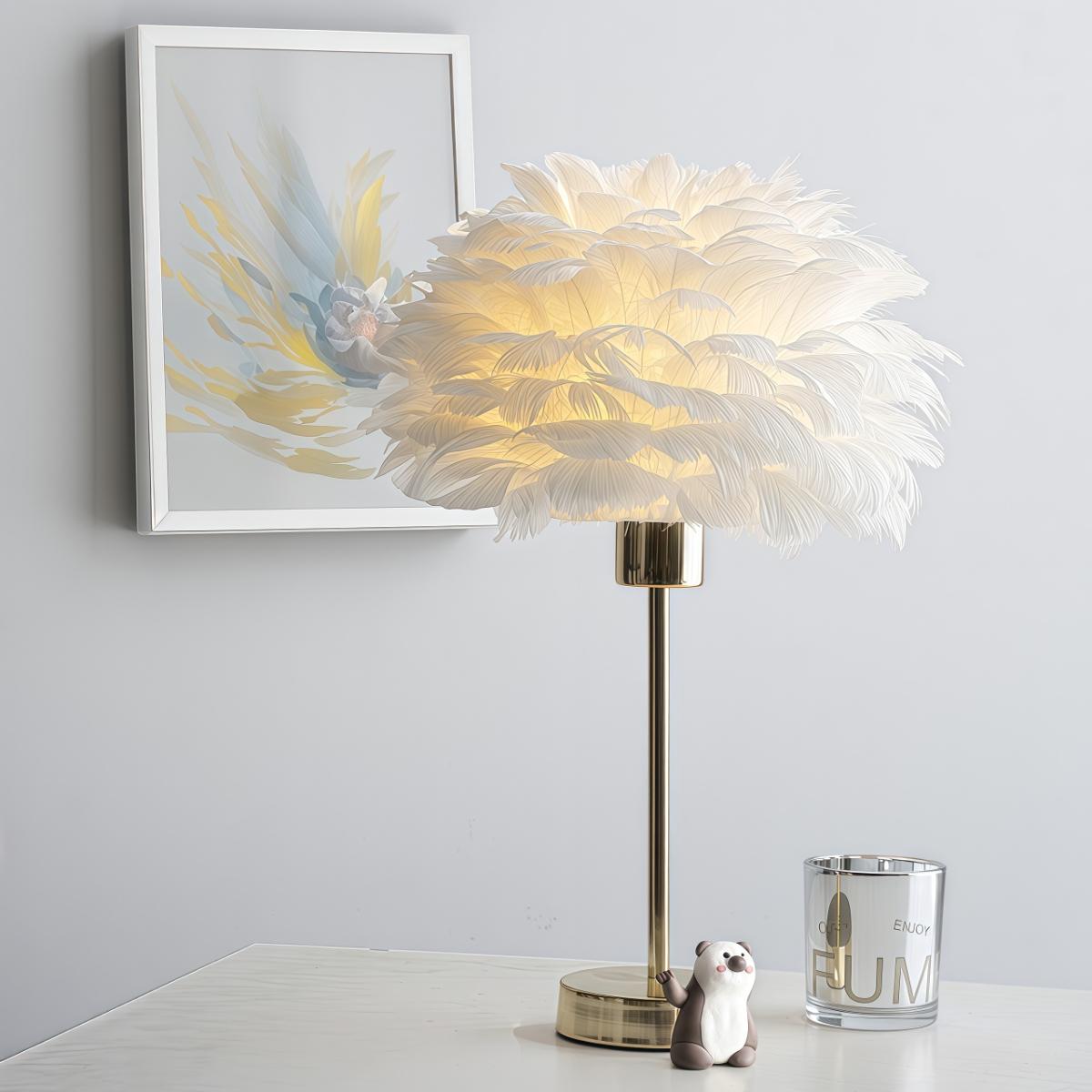 Dimmable Feather Table Lamp, Touch Control + Remote, USB Powered LED Night Light, Elegant Desk Decor for Bedroom/Living Room