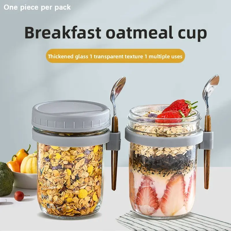 Portable Overnight Oat Cup, High-Profile Yogurt Breakfast Glass, Mason Jar with Spoon, Glass Food Containers, Ideal for Oats, Milk, Salad, Multiple Uses, Convenient Design