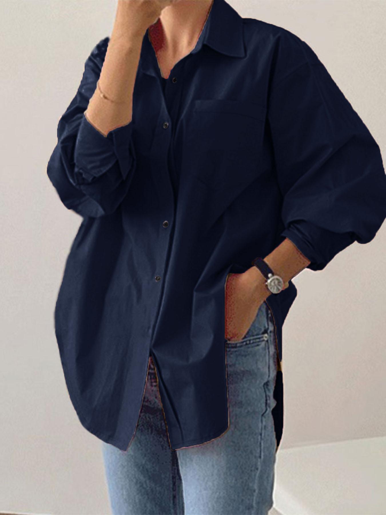 Women's Plain Button Front Drop Shoulder Shirt Blouse, Casual Loose Long Sleeve Collared Top for Fall & Winter, Quality & Durable Women's Clothing for Daily Wear