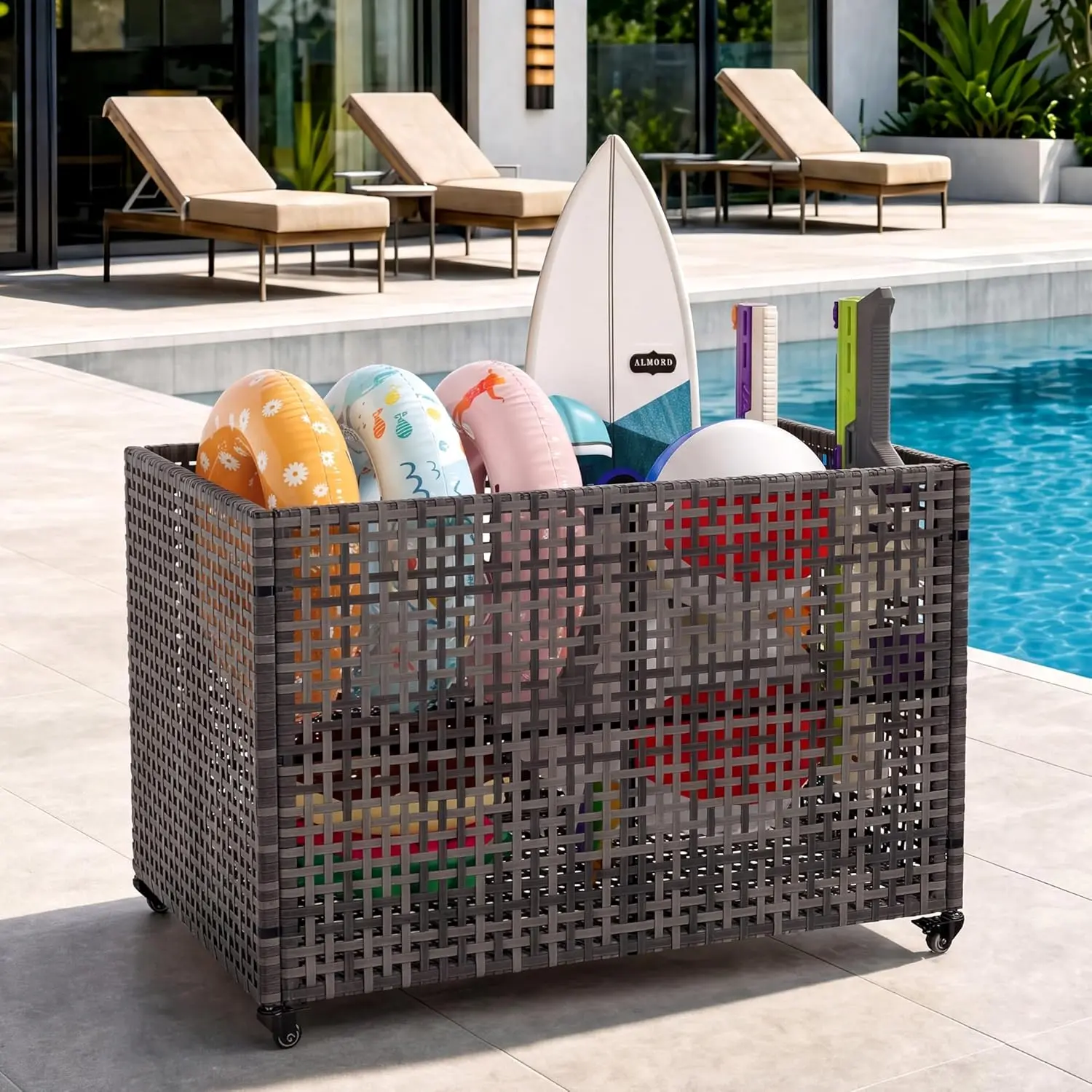 Large 45 Inch Pool Storage Bin, Heavy Duty Outdoor Rattan Rolling Organizer with Mesh & 4 Locking Wheels, Ventilated Pool Float Rack for Noodles, Toys, Floats, Balls, Brown