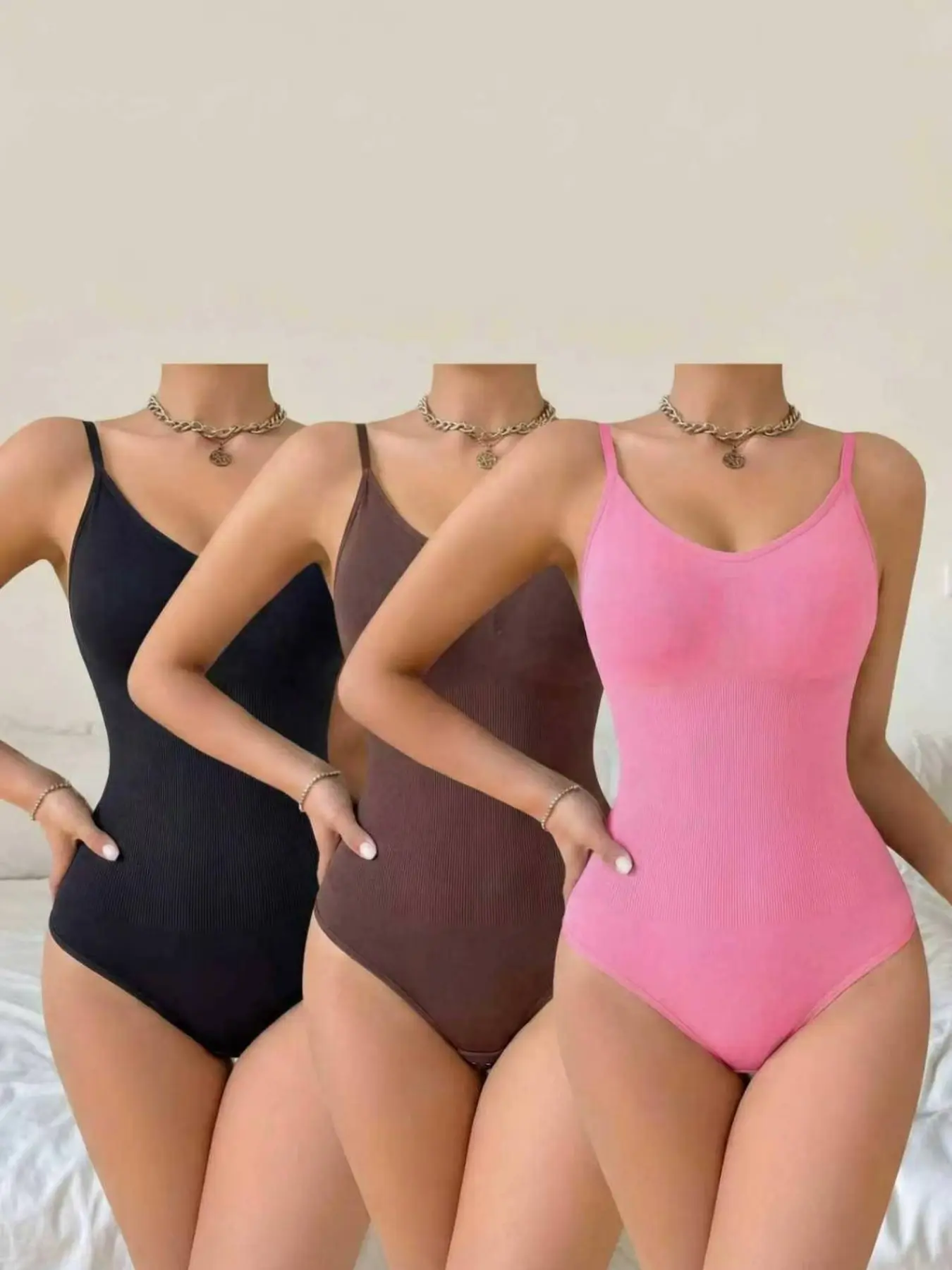Women’s 3 Pack Tummy Control Bodysuits, Seamless Adjustable Strap Thong Shapewear Set, Breathable Stretch One Piece Body Shapers for Daily Wear, Dresses and Layering