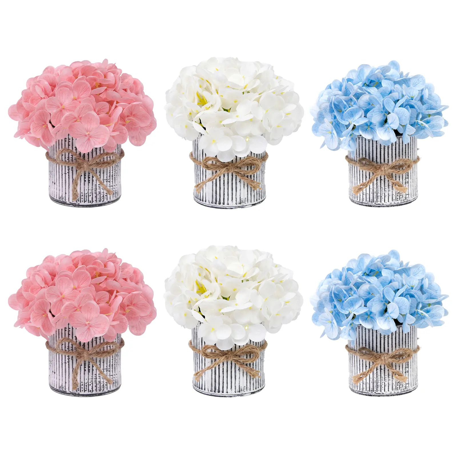 Artificial Rose Hydrangea Floral Arrangements in Rustic Metal Pot Faux Silk Flower Table Centerpiece for Wedding Party Home Decor Pack of 6