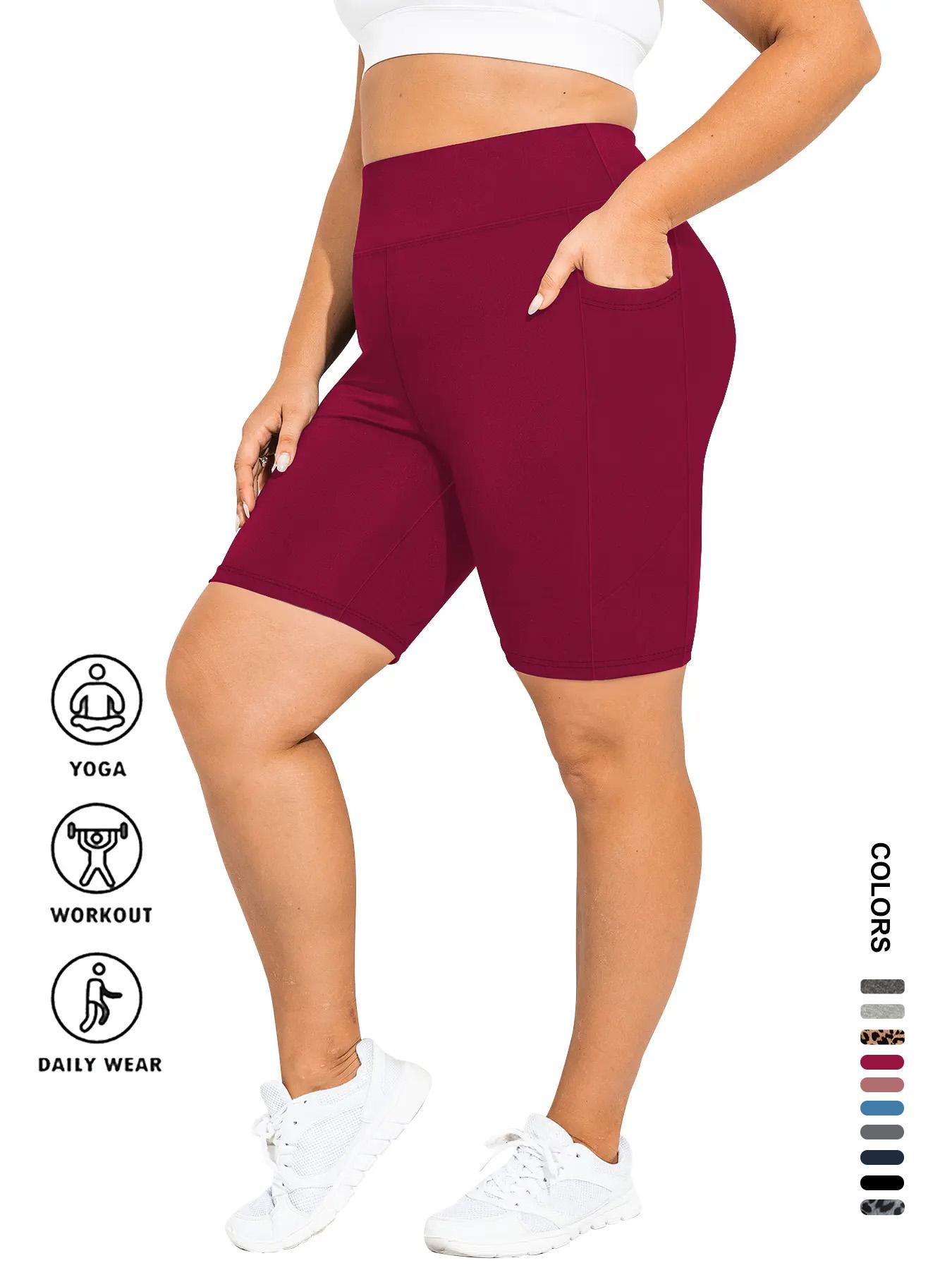 【Plus Size】 Plain / Leopard Print Pocket Design Skinny Short Leggings, Casual Comfy Breathable High Waist Short Leggings for Daily Wear, Women's Bottoms for Summer, Womenswear, Bodycon Shorts, Athletic Yoga Shorts