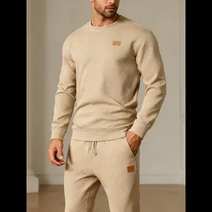 Men's textured knitted 2-piece sportswear, round neck sweatshirt, with drawstring jogging, soft casual sportswear, suitable for daily and outdoor sports wear, essential for men's autumn, textured sportswear