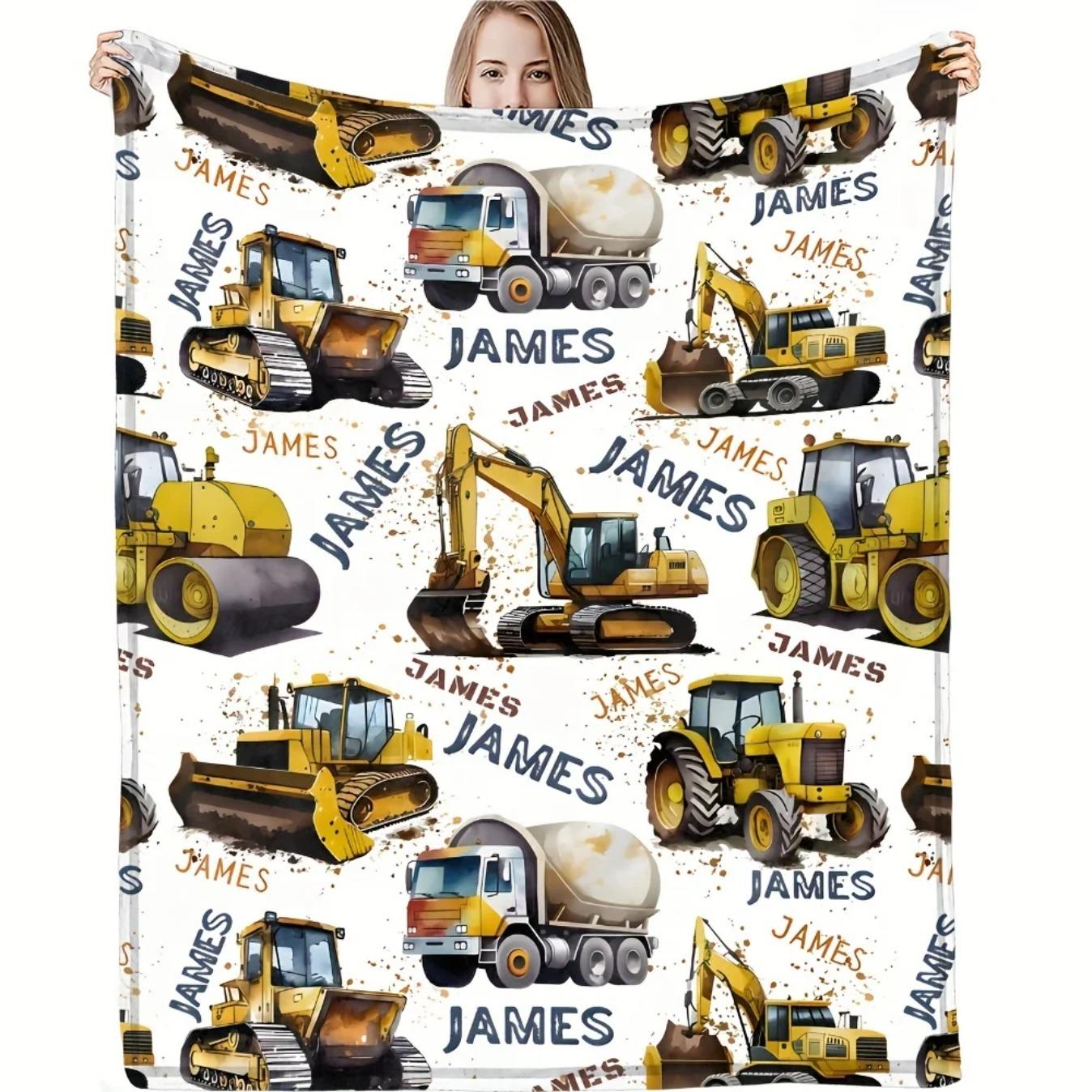 Cute Excavator Construction Truck Blanket Soft Polyester Throw Blanket Skyscraper Pattern Cozy Machine Washable Blanket for Bedroom Living Room Kids Gift