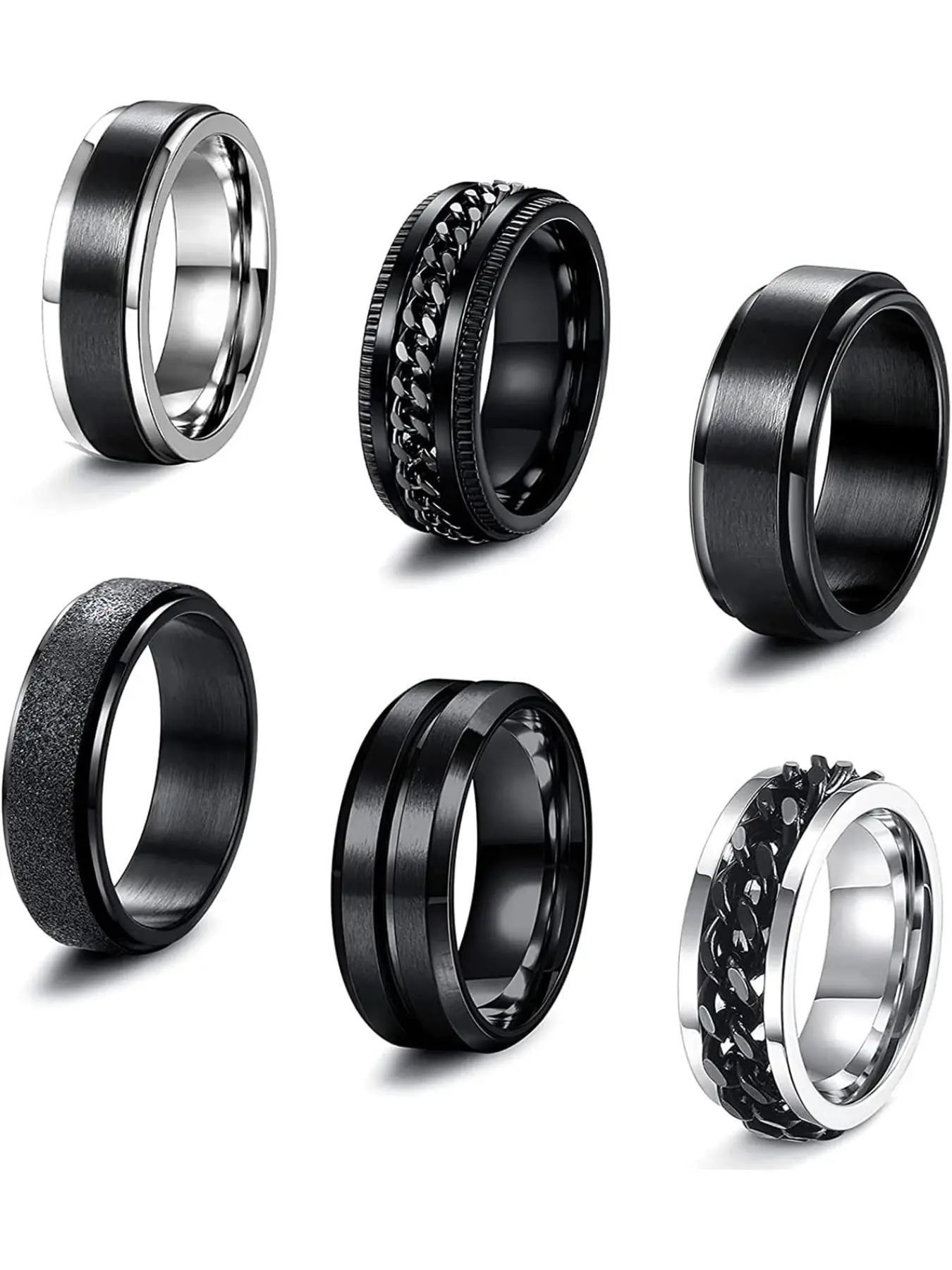 Stainless Steel Fidget Rings for Men Spinner Anxiety Ring | 6Pcs 6/8 MM Black Anxiety Stress Relieving Cool Chain Fashion Ring Set Wedding Promise Band Rings Size 7-13