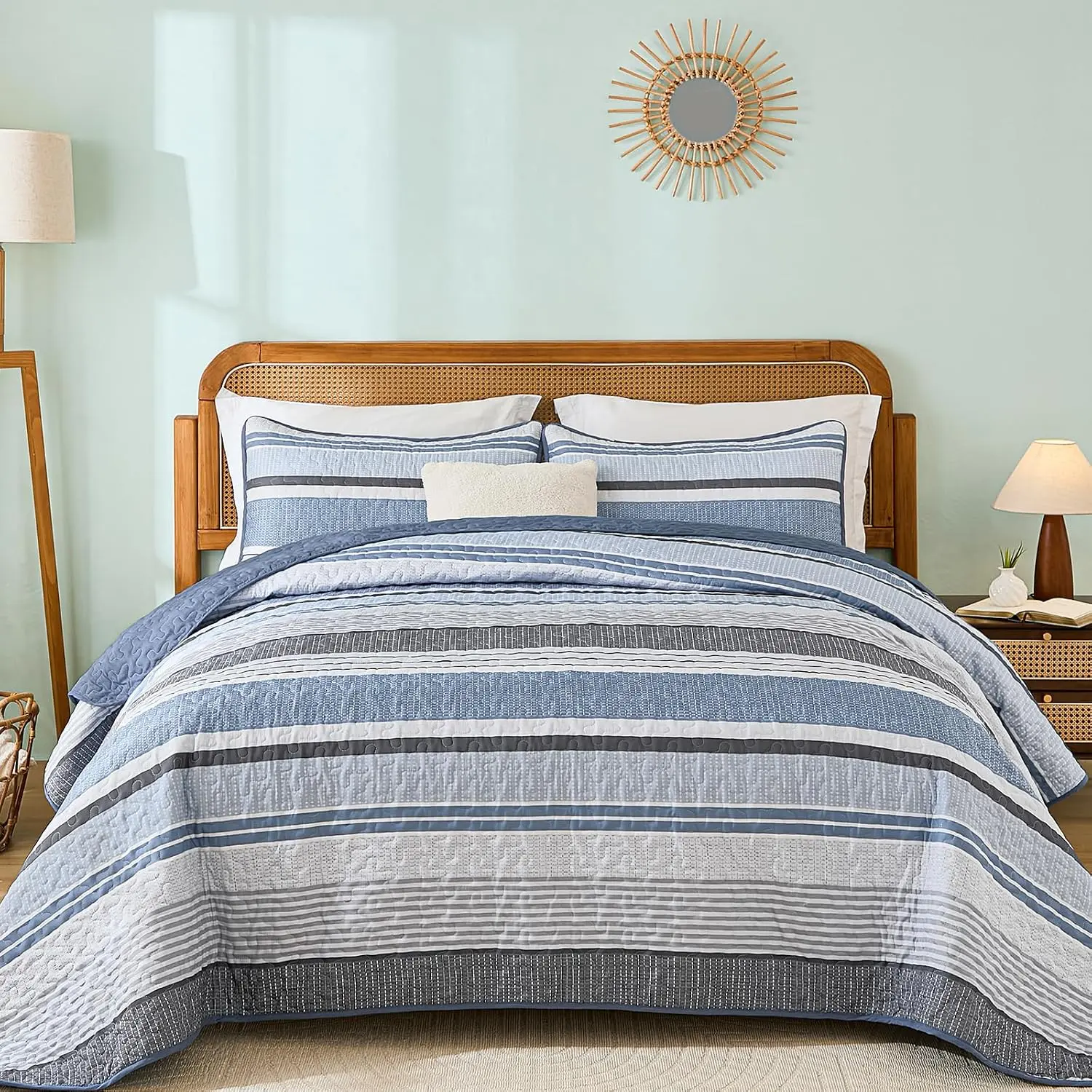 Quilt  Size Blue, 3 count Boho Striped Bedspread Bedding for  Size Bed, Soft Lightweight Microfiber Bohemian Coverlet Set for   Quilts with 2 Pillowcases