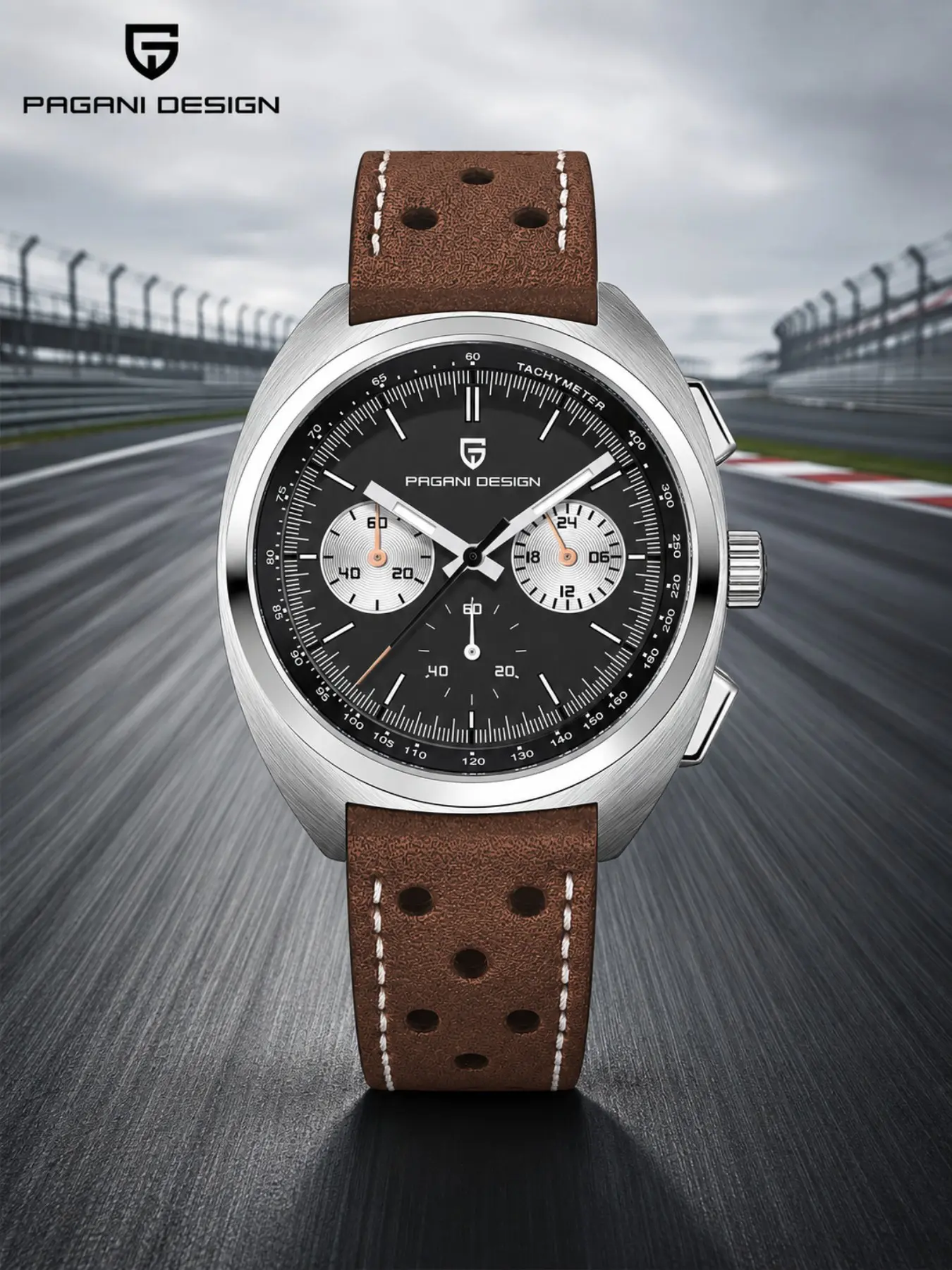 PAGANI DESIGN Men’s Chronograph Watch, 39mm Vintage Racing Quartz Wristwatch, Japan TMI VK63 Movement, Synthetic Sapphire Crystal, Tachymeter Dial PD-1782