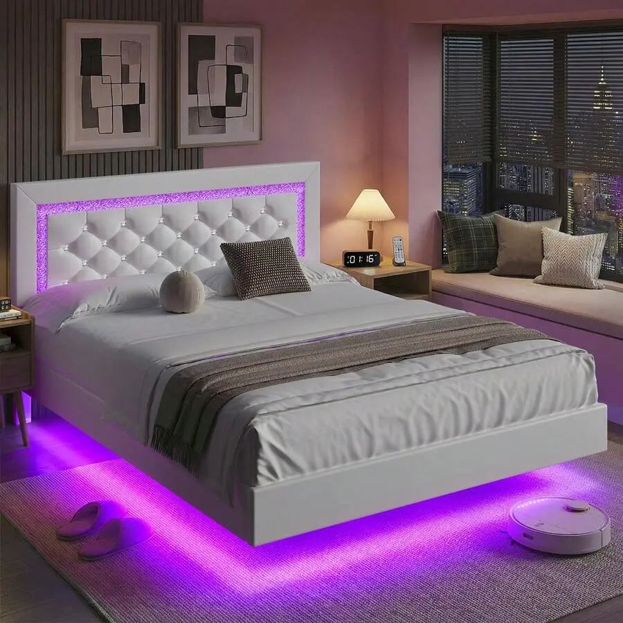 Full/ Queen/ King Bed Frame, Upholstered Platform Bed Frame With LED Light, LED Bed Frame With Diamond Headboard, White/Pink/Black, Full/ Queen/ King, Full Bed Frame Bed Frame Full Queen Bed Frame Bed Frame Queen King Bed Frame Bed Frame King(USB LED Stri