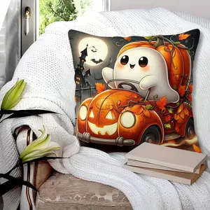Cartoon Ghost Pumpkin Car Pattern Throw Pillow, 45cm Square Cushion, Soft Decorative Cushions, Hidden Zipper, Ideal Sofa, Couch, Bedroom, Living Room Home Decor, Perfect Gift for Fall Season Lovers. Includes Pillow Core