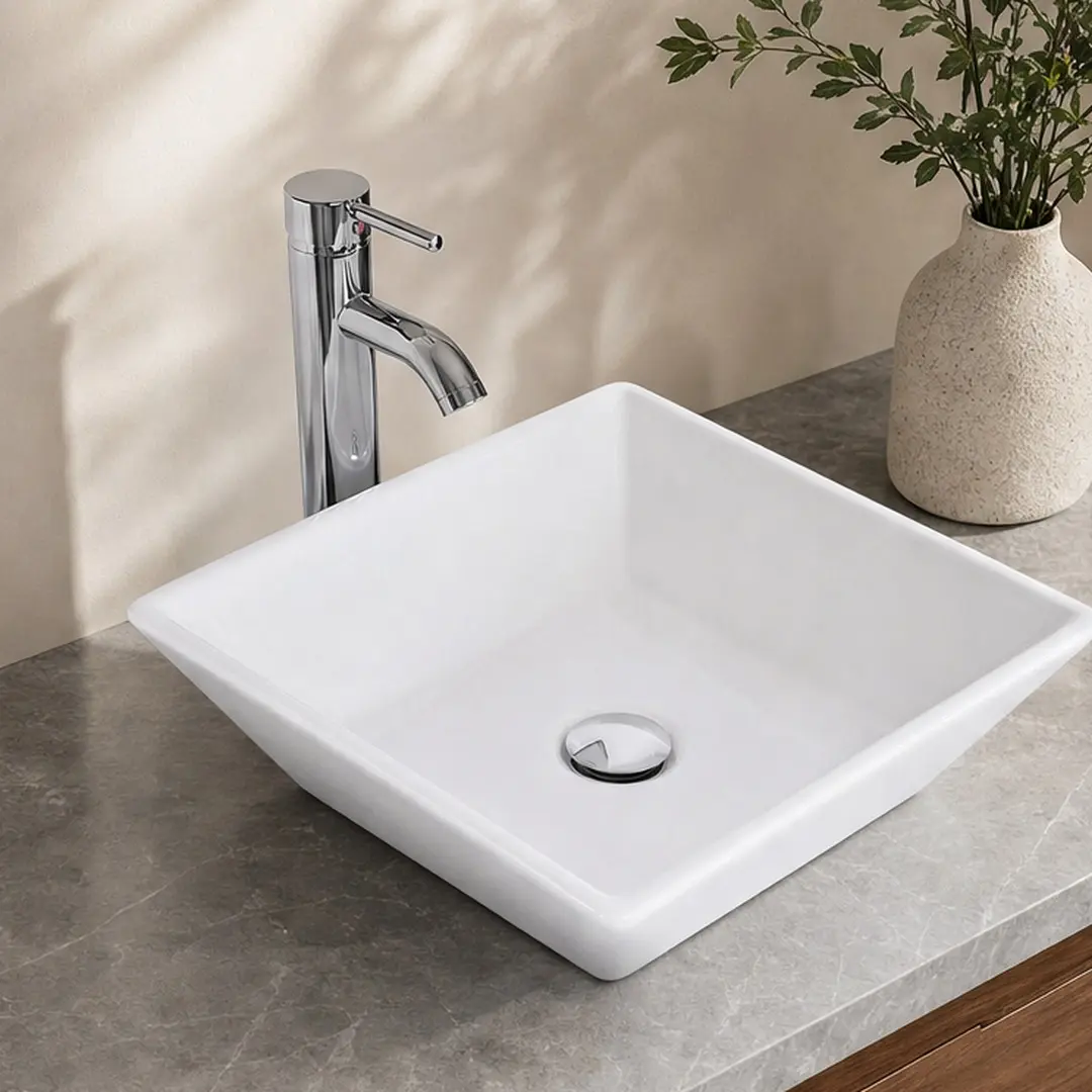 Square Ceramic Countertop Vessel Sink Basin - 16x16x12in American Design, 1-Piece Seamless Durable Porcelain Bowl, 1.5 GPM Faucet, Steel Pop-Up Drain & Hoses, Easy-Clean Glossy Finish for Bathroom, 10.40 Lb