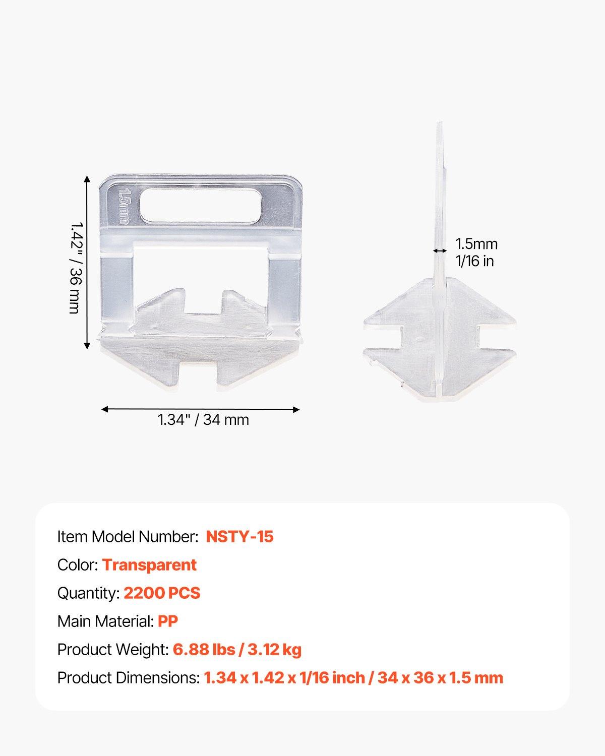VEVOR Tile Leveling System Clips, 2200-Piece DIY Tile Leveler Spacers, 1/16"(1.5 mm) Tile Leveler Clips, Tile Leveling System Tile Installation Tools for Professional Ceramic Tile, Stone Installation