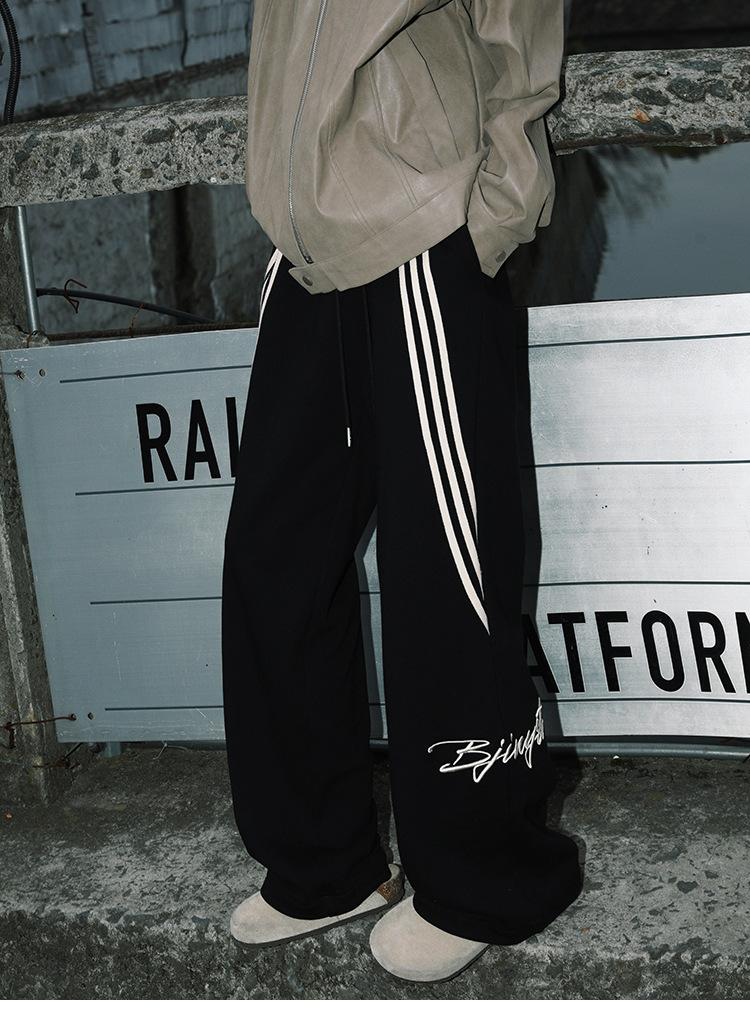 YYK Brand: Men's American Retro Casual Pants - 3-Stripe Design with 3D Waistband Trim; Spring/Autumn Straight-Leg, Loose-Fit Athletic Sweatpants