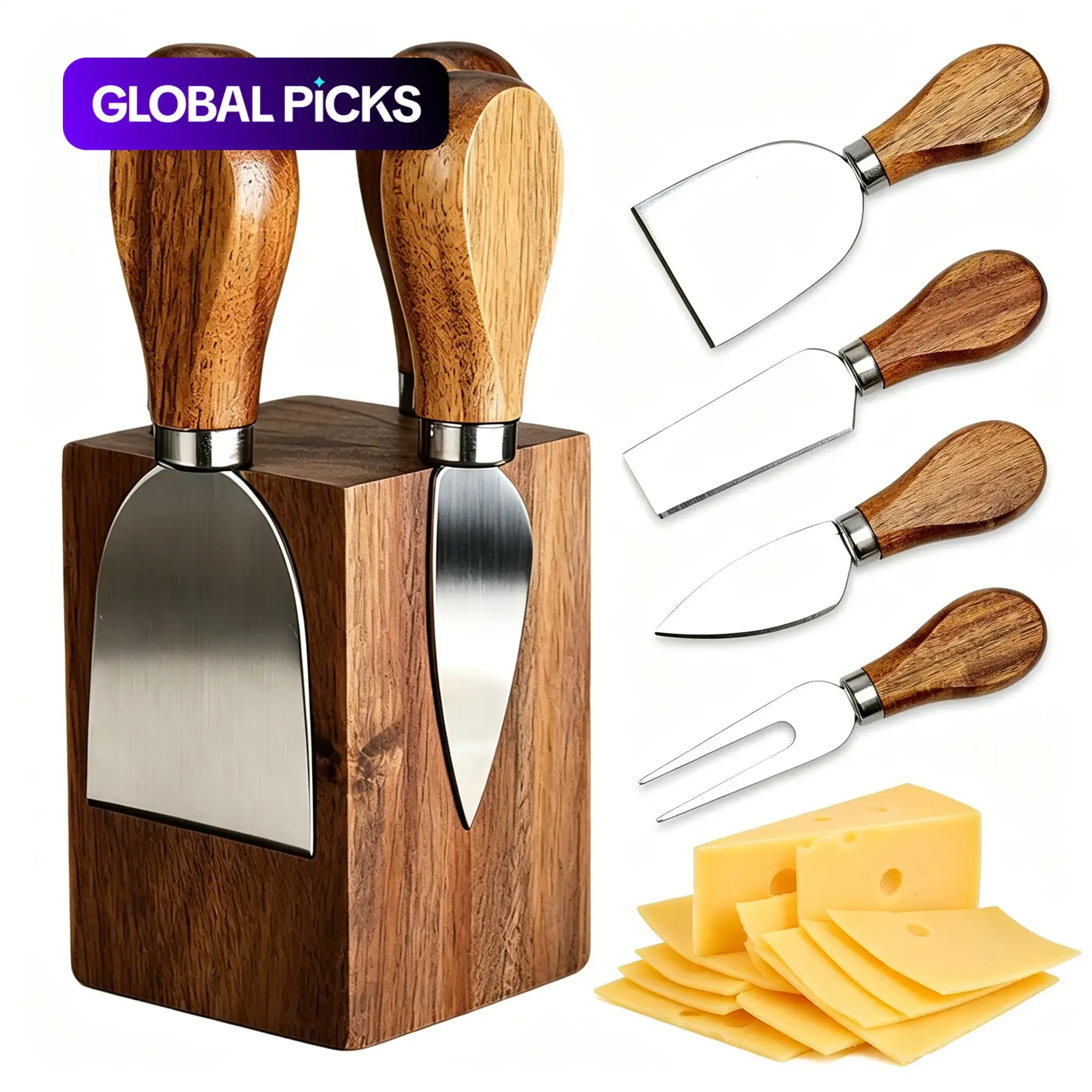 Cheese Knife Set with Magnetic Wood Block, Cheese Knives Cutter Set for Charcuterie, Stainless Steel Cheese Knives with Acacia Wood Handle for Charcuterie Board, Wine Night, Charcuterie Board Accessories, Kitchen Accessories, Kitchenware