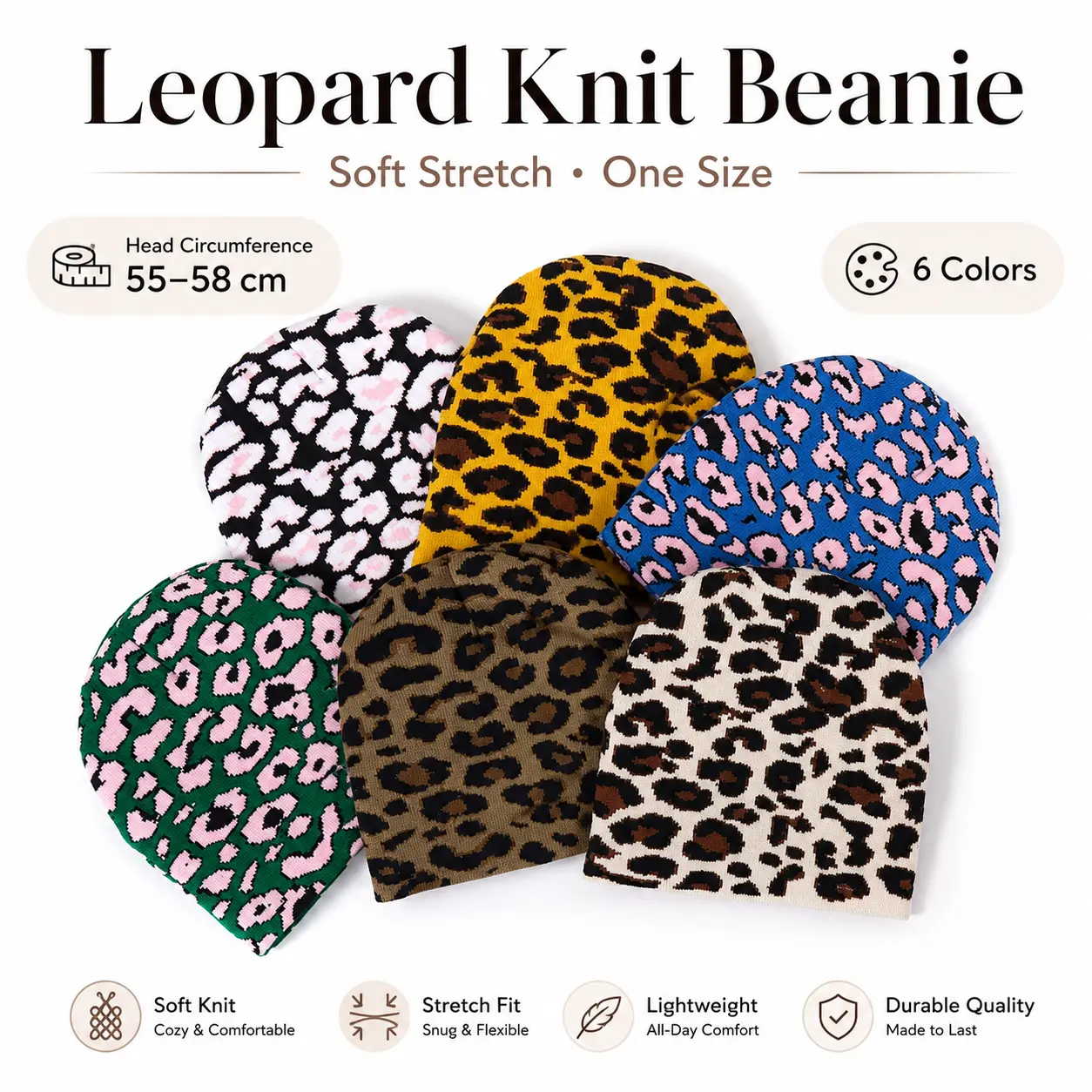 Female Leopard Print Acrylic Knit Beanie - 55-58 cm Stretchy Shape, Colorful Leopard Print Hats, Lightweight Free Size Fashion Accessory for Daily Wear Summer Gift