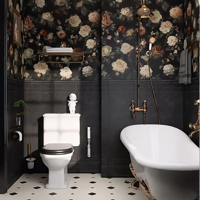 1 Roll 17.32 x 118.11 Inches vintage black rose peel and stick self adhesive wallpaper cream blush floral pattern washable seamless elegant academia decor for living room bedroom bathroom
