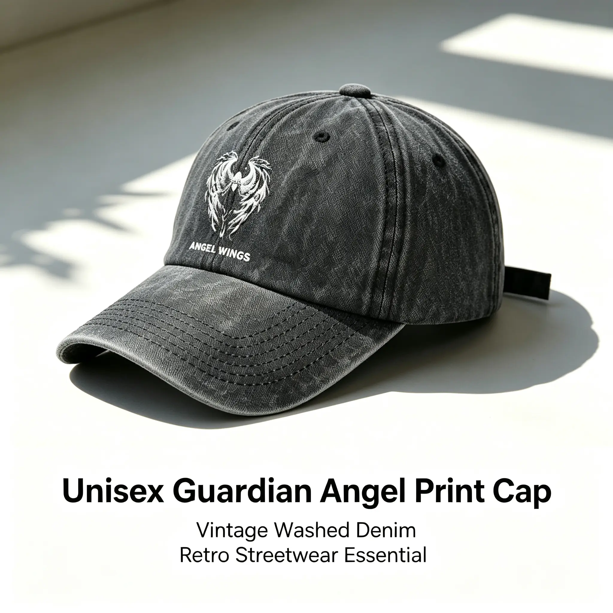Unisex Vintage Washed Denim Baseball Cap, Retro 80s 90s Guardian Angel Heat Transfer Print Snapback Hat, Adjustable Metal Buckle UV Protection Lightweight Durable Streetwear Cap for Outdoor Camping Hi