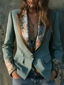 Bohemian Style Fit Elegant Vintage Floral Print Jacket, Long Sleeve Single Button Coat with Practical Pockets, Vibrant Colors, Chic Outerwear