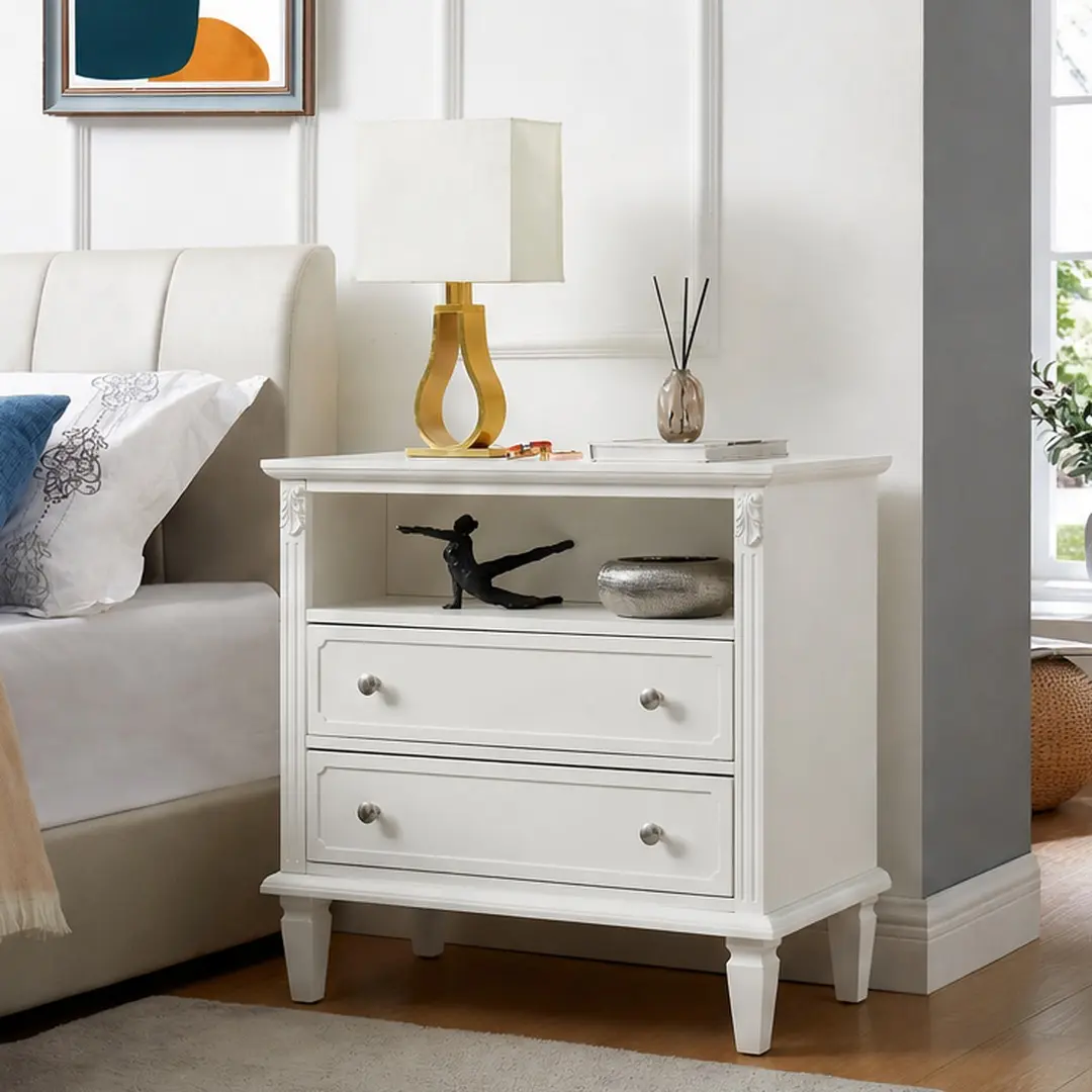 ARCH Farmhouse Nightstand - 2-Drawer Dresser End Table with Built-in Charging Station, USB Ports, Plug Sockets, Fluted Pilasters, Solid Wood Legs, Solid Wood+MDF Material, Assembly Required, Furniture for Bedroom, Bedroom Decor, White, Wood Frame, 15.00",