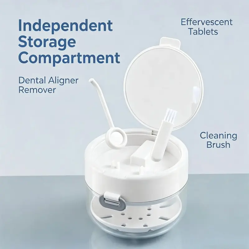 Retainer Cleaning Case, Dental Soaking Container with Drain Tray for Retainers, Aligners & Dentures, Travel Cleaning Box with Mirror and Brush, Oral Care