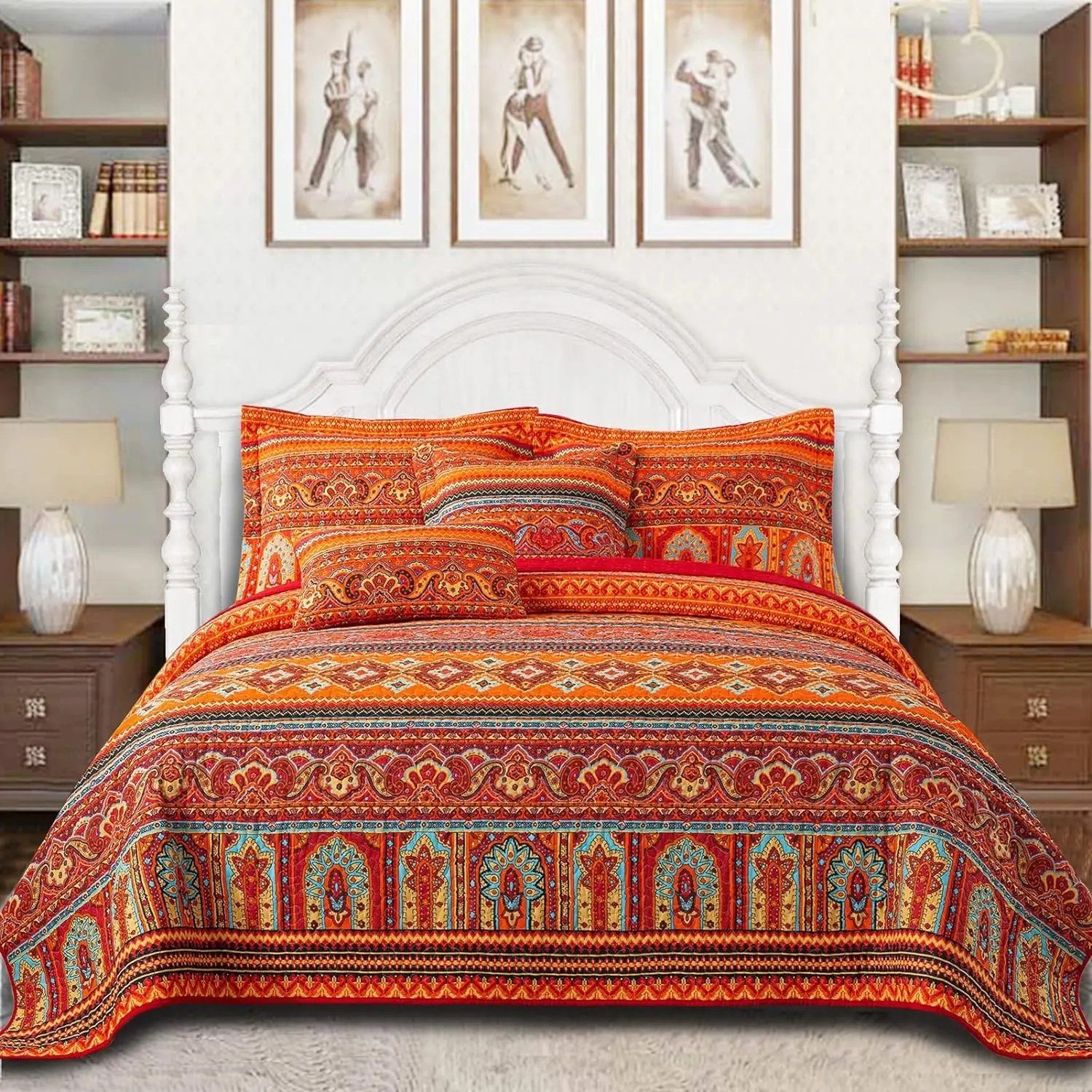 Cotton Quilt Queen Size Bedding Set - 3 Pieces, Boho Queen Size Quilts, Lightweight Reversible Coverlets Bedspreads for Farmhouse Bedroom (Red/Orange)