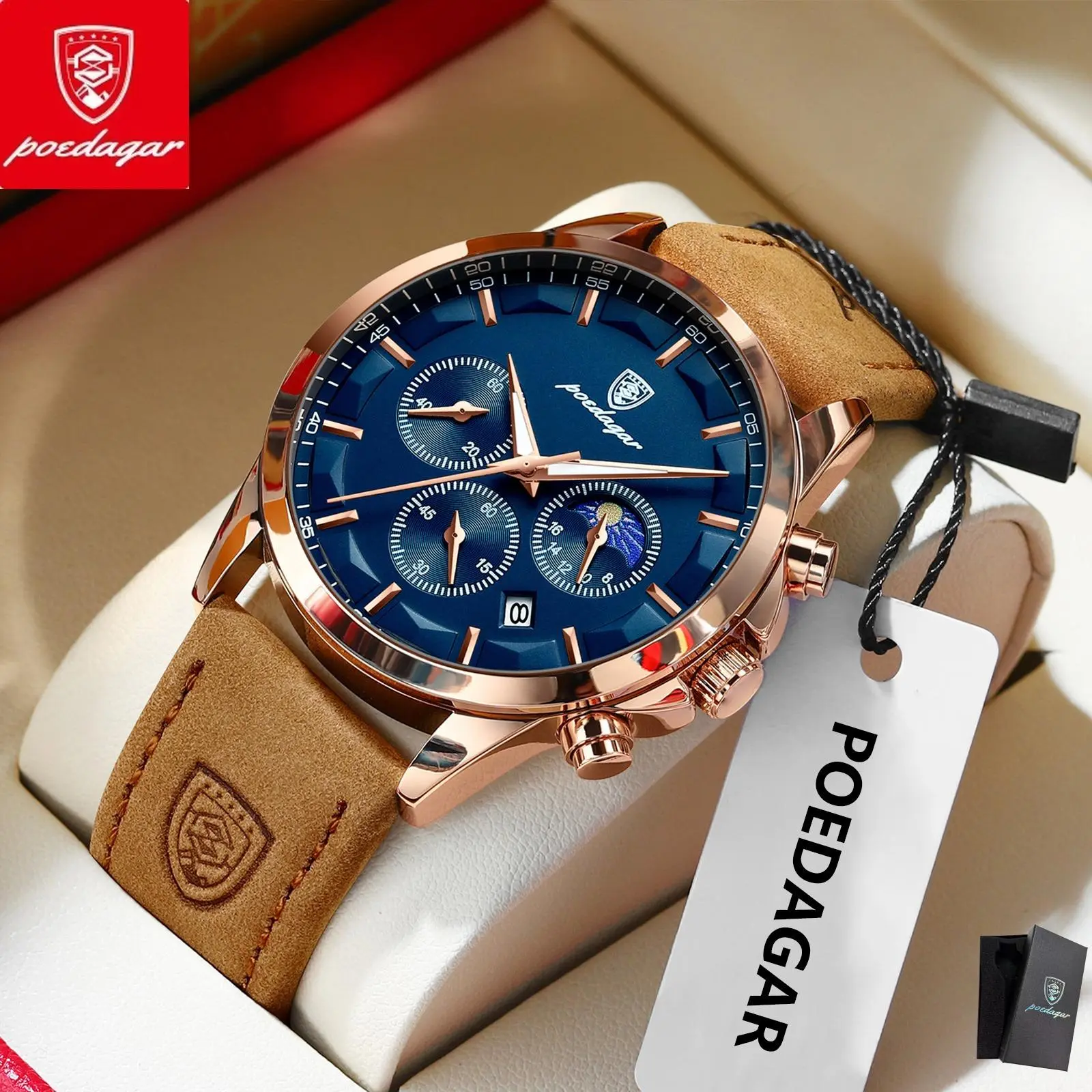 POEDAGAR Men's Business Fashion Watch, 42mm Circular Dial, Water Resistant, Chronograph, Luminous, High-Quality Leather-Stainless Steel Strap Watch