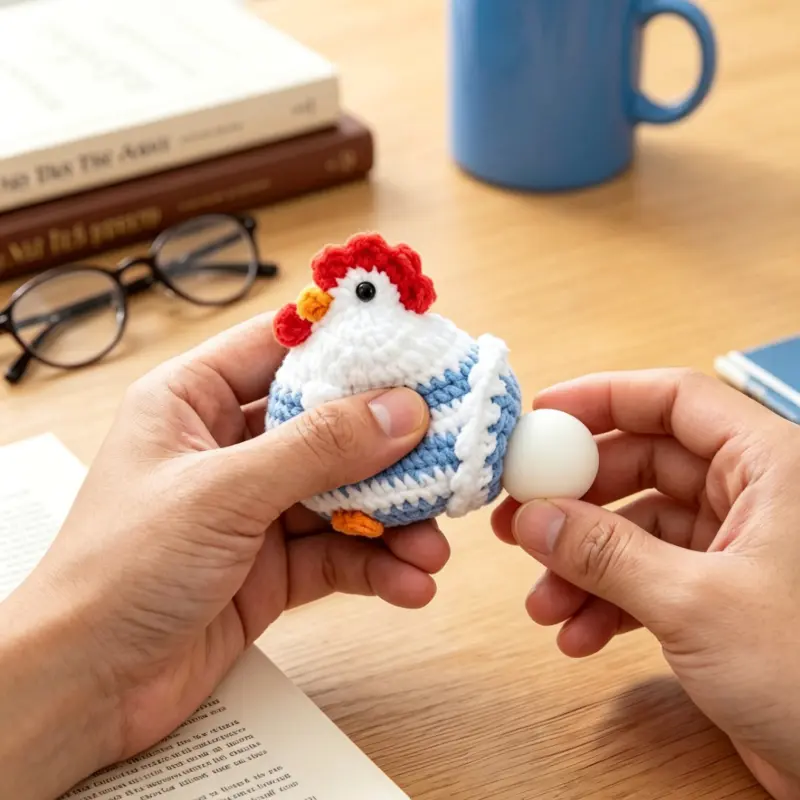 Handmade Cartoonish Crochet Chicken Animal Figurine - Soft Squeeze Stress Relief Ornament, Ornamental Desk Decor, House Table Decoration for Home