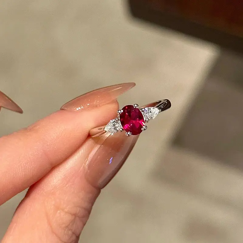 Women's S925 Sterling Silver Hypoallergenic 6x8mm Oval Simulated Pigeon Blood Ruby Ring - Minimalist Versatile Band, Dainty Look, Light Luxury Everyday Wear Statement Ring