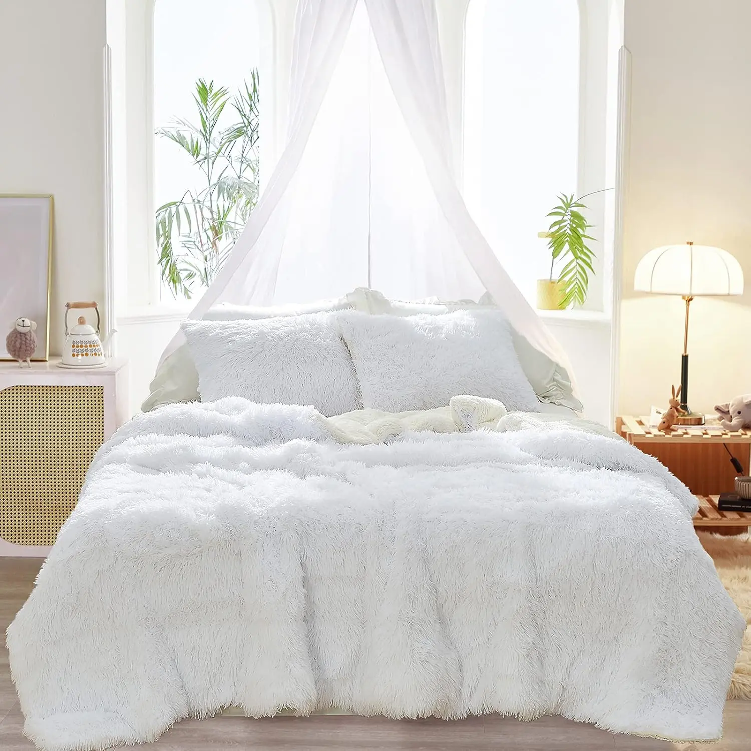 3- Plush Shaggy Comforter Set, Full/ Size Luxury Faux  Sherpa Reversible Bedding Comforter Set, Ultra Cozy Warm  Bedding Set for Winter ( White, 88x88 inches)