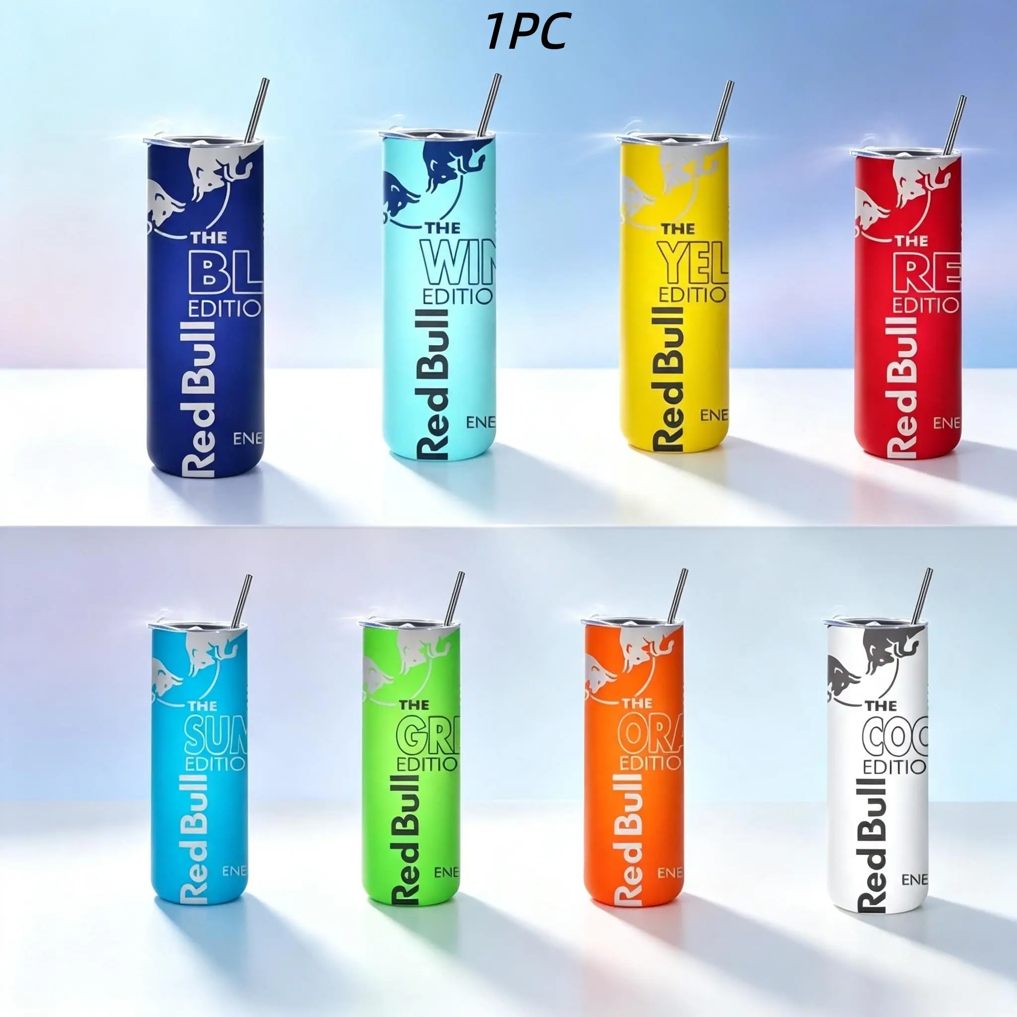 1pc 20oz 600ml Multi-color Red Bull Energy Drink Edition Printed Stainless Steel Skinny Tumbler With Metal Straw, Heat & Cold Retention Leakproof Portable Water Cup, Suitable For Office Work, Outdoor Camping, Driving, Gym Sports, Perfect Holiday Gift
