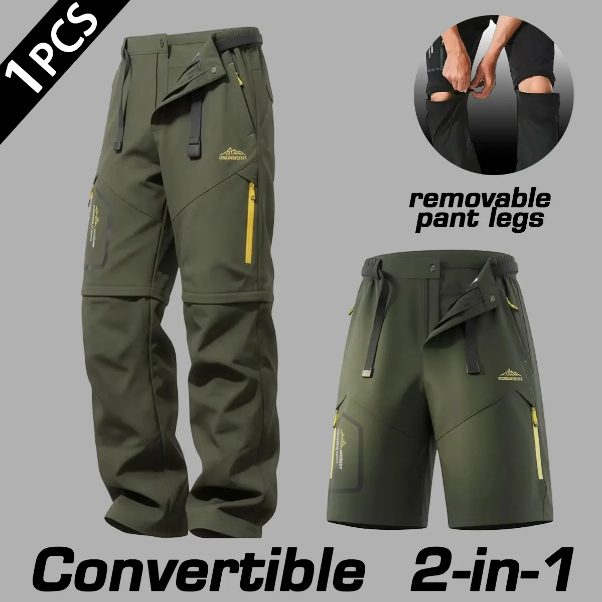 Men's detachable leg 2-in-1 outdoor hiking pants with multiple zippered pockets and a matching waist belt. The pants and shorts can be freely switched, suitable for hiking, camping, traveling, and various daily outdoor travel scenarios.