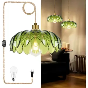 QIYIZM Plug in Pendant Hanging Lights with Plug in Cord Boho Hanging Lamp Glass Gold Mid Century Modern Vintage Dimmable Green Flower Plug in Chandelier Ceiling Fixture for Living Room,Kitchen