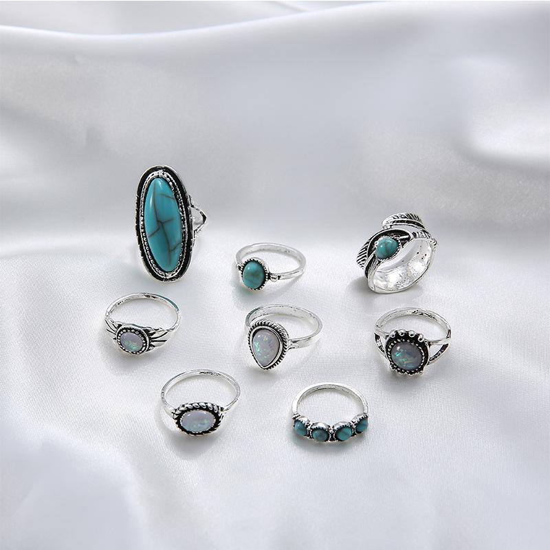 Vintage Boho Turquoise Stackable Ring Set 8Pcs | Ethnic Style Carved Feather Flower Statement Rings | Silver Tone Bohemian Fashion Jewelry for Daily & Festival Wear
