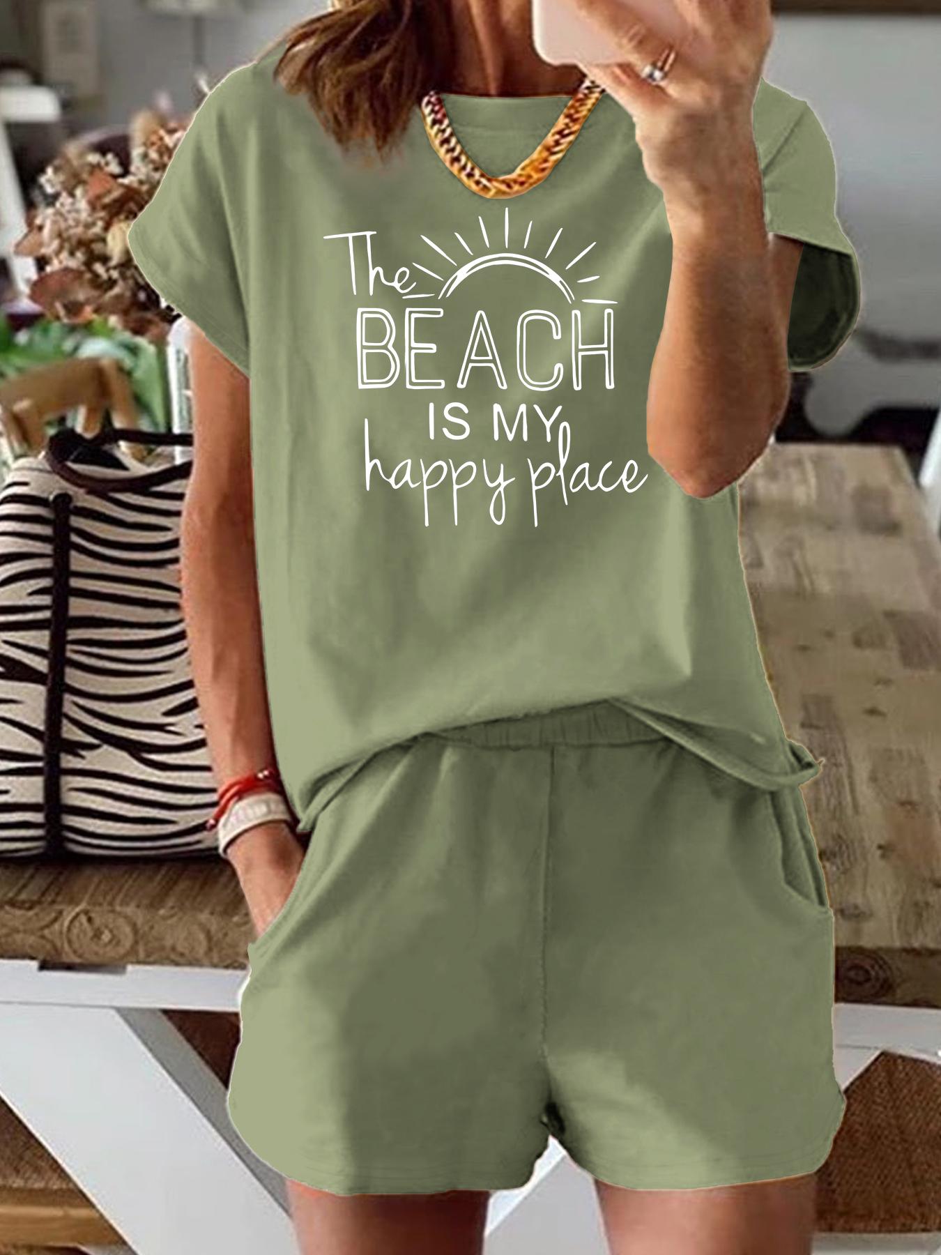 Two-Piece Set Women's Letter Sun Print Short Sleeve Tee & Elastic Waist Shorts, Casual Fitted Round Neck T-shirt & Pocket Shorts for Summer, Ladies Clothes for Beach Vacation