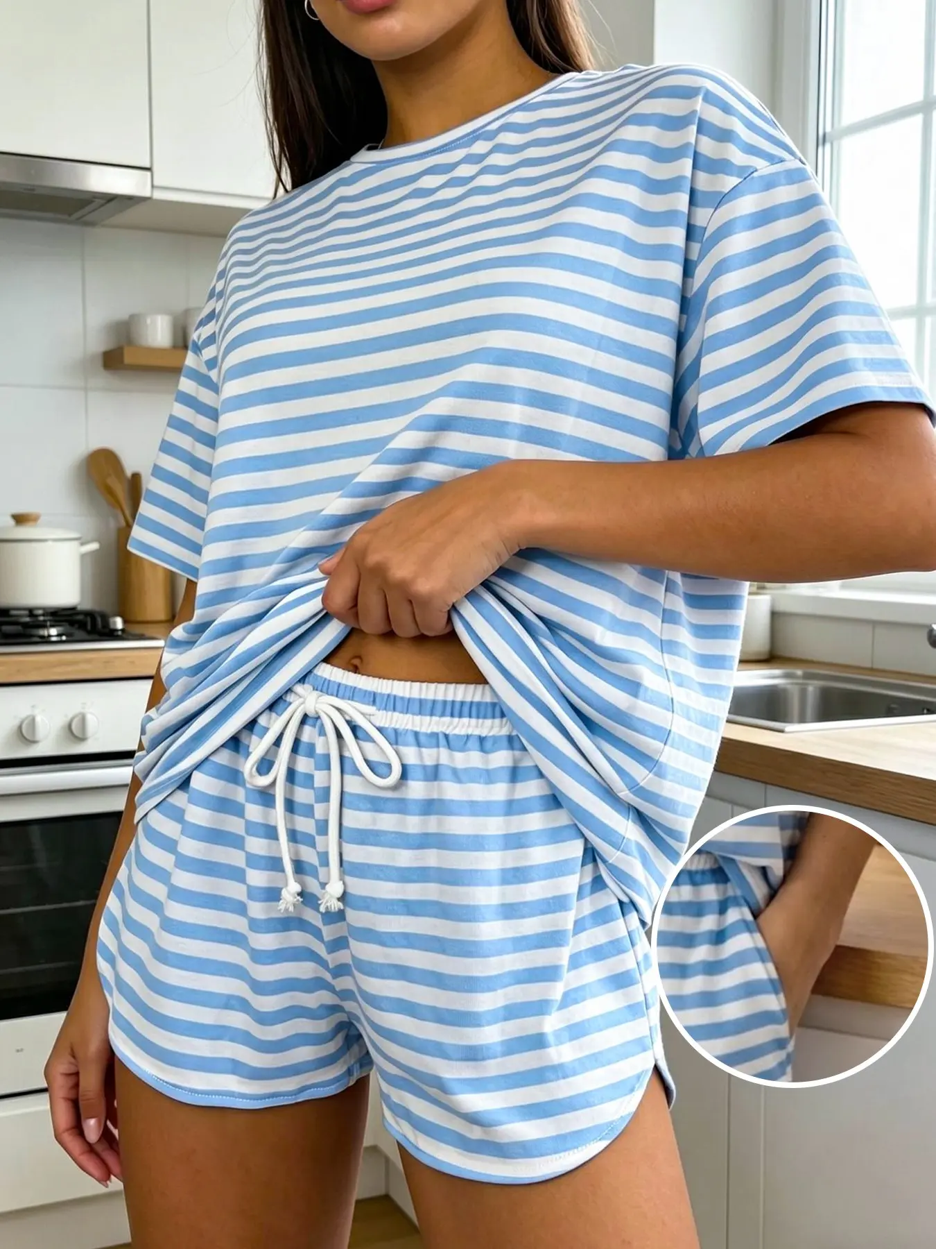 2-Piece Summer Pajama Set, Loungewear, Sea blue color Loose-Fit Striped Knitwear, Round Neck Short Sleeve, Casual Outdoor Wear, Multi-OccasionHome, Fashionable Comfort, Comfy Pajamas