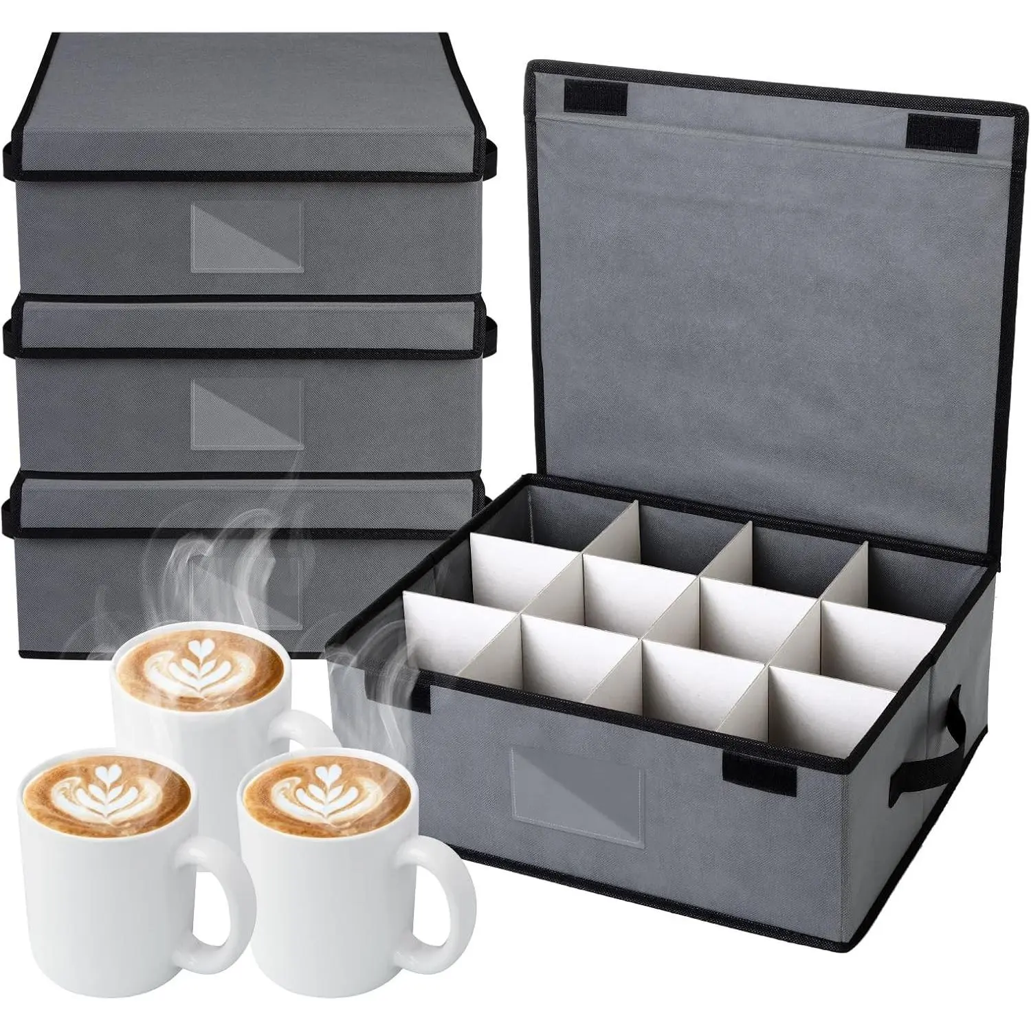4 Pack Cup and Mug Storage Box with Dividers Lid Handles Holds 48 Coffee Mugs Tea Cups and Glasses Grey Stackable Storage Organizers for Glassware Protection Packing Moving